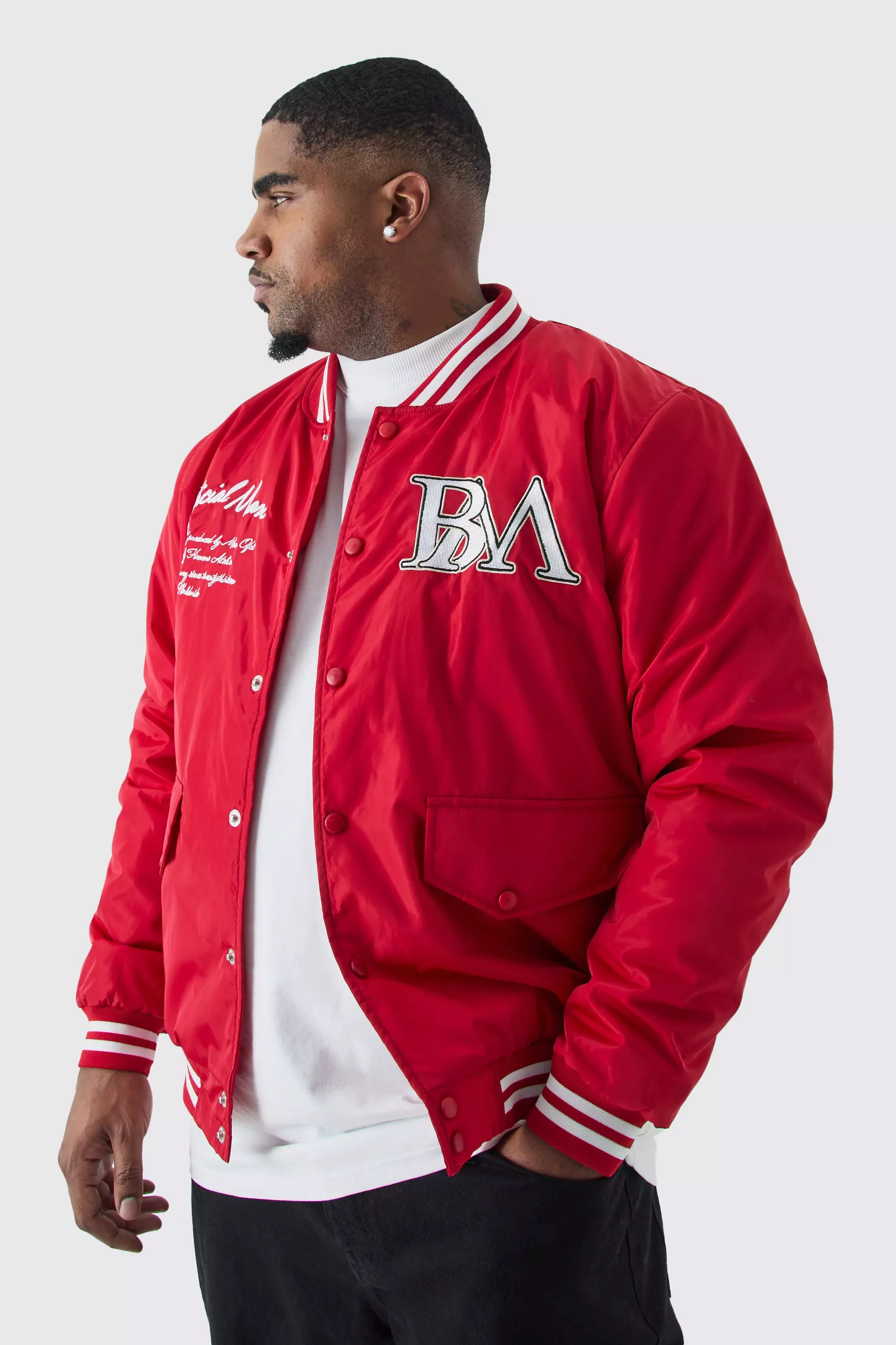 Plus Nylon Varsity Jacket With Badges Red