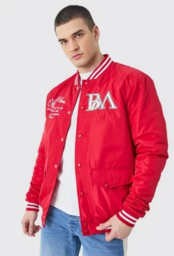 Tall Nylon Varsity Jacket With Badges Red