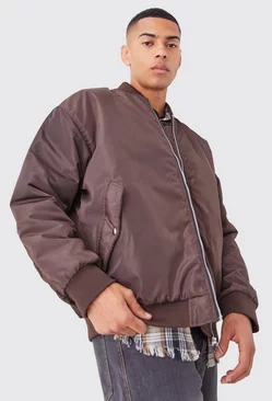 Oversized Nylon Bomber With Ruched Sleeves Chocolate
