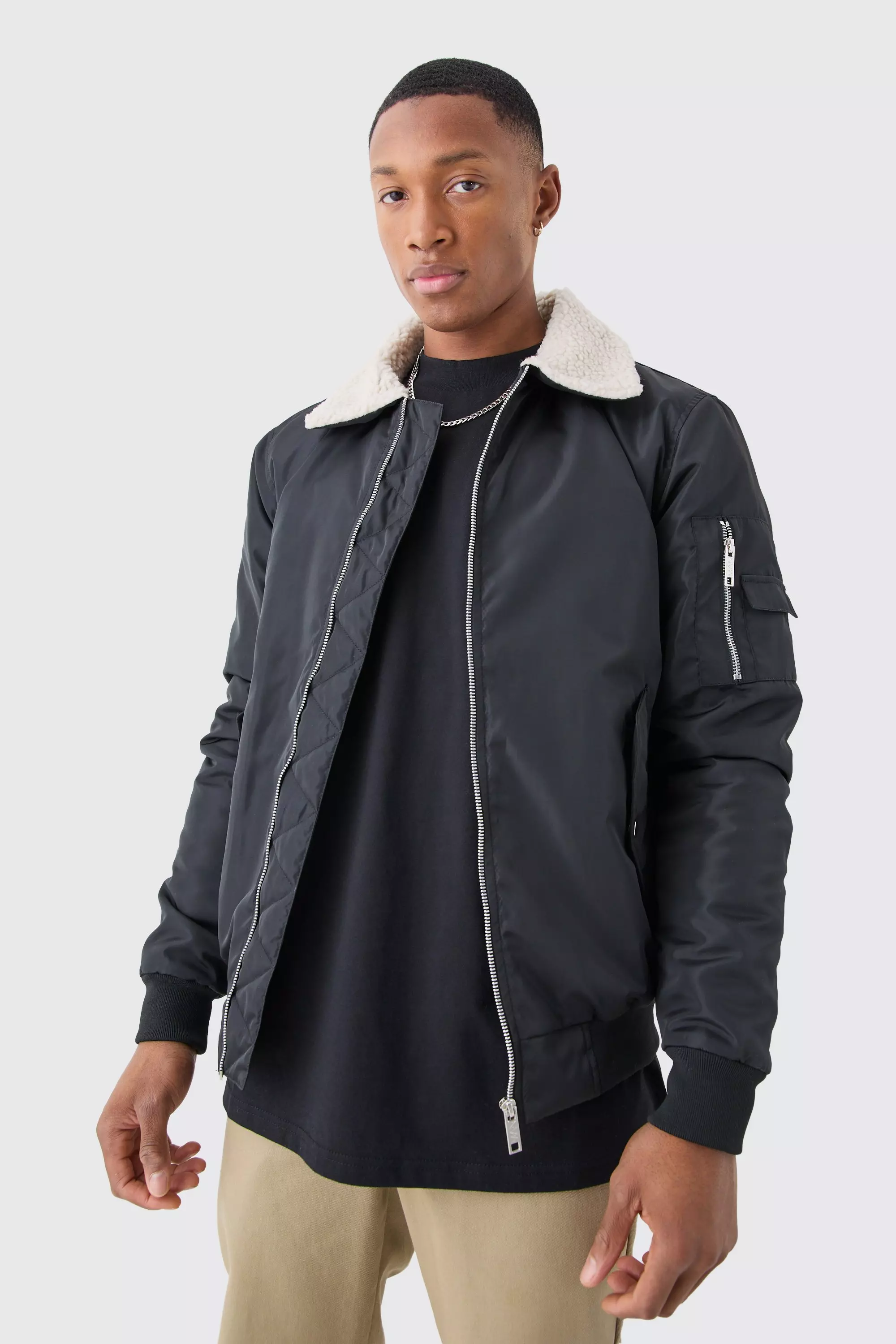 Nylon Aviator Bomber With Borg Collar Black