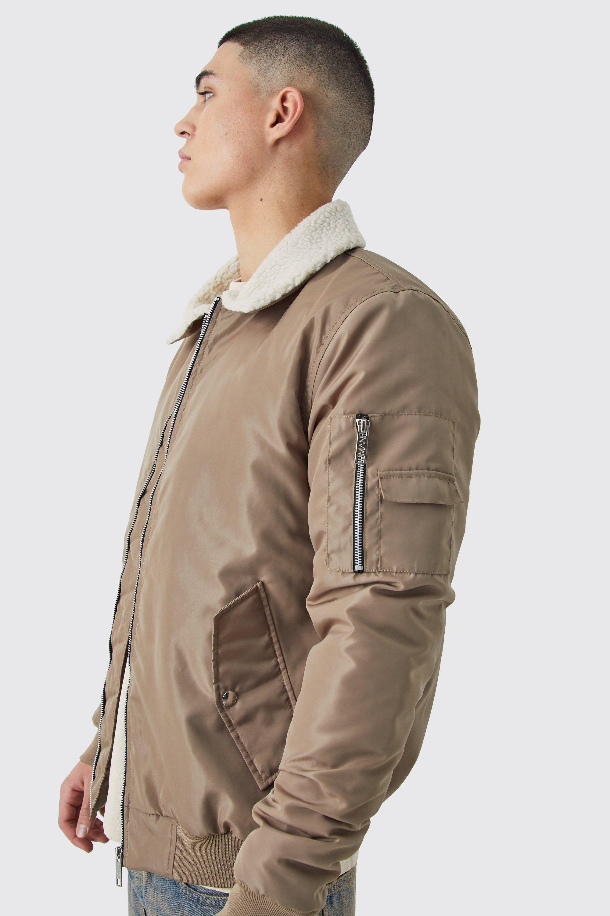 Nylon Aviator Bomber With Borg Collar | boohooMAN USA