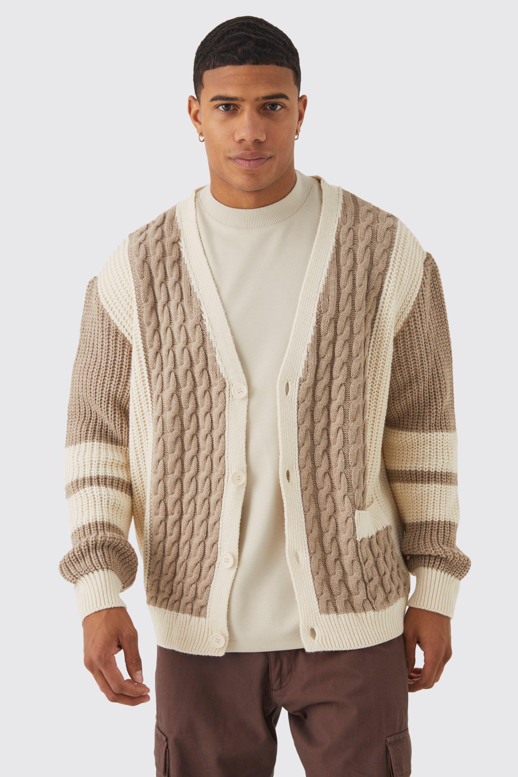 Oversized Cable Contrast Colour Block Cardigan | boohooMAN USA