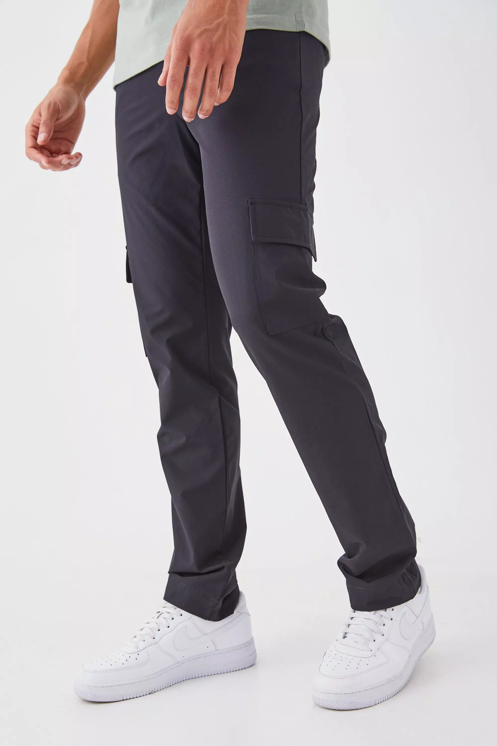 Black Stretch Tailored Straight Fit Cargo Trousers
