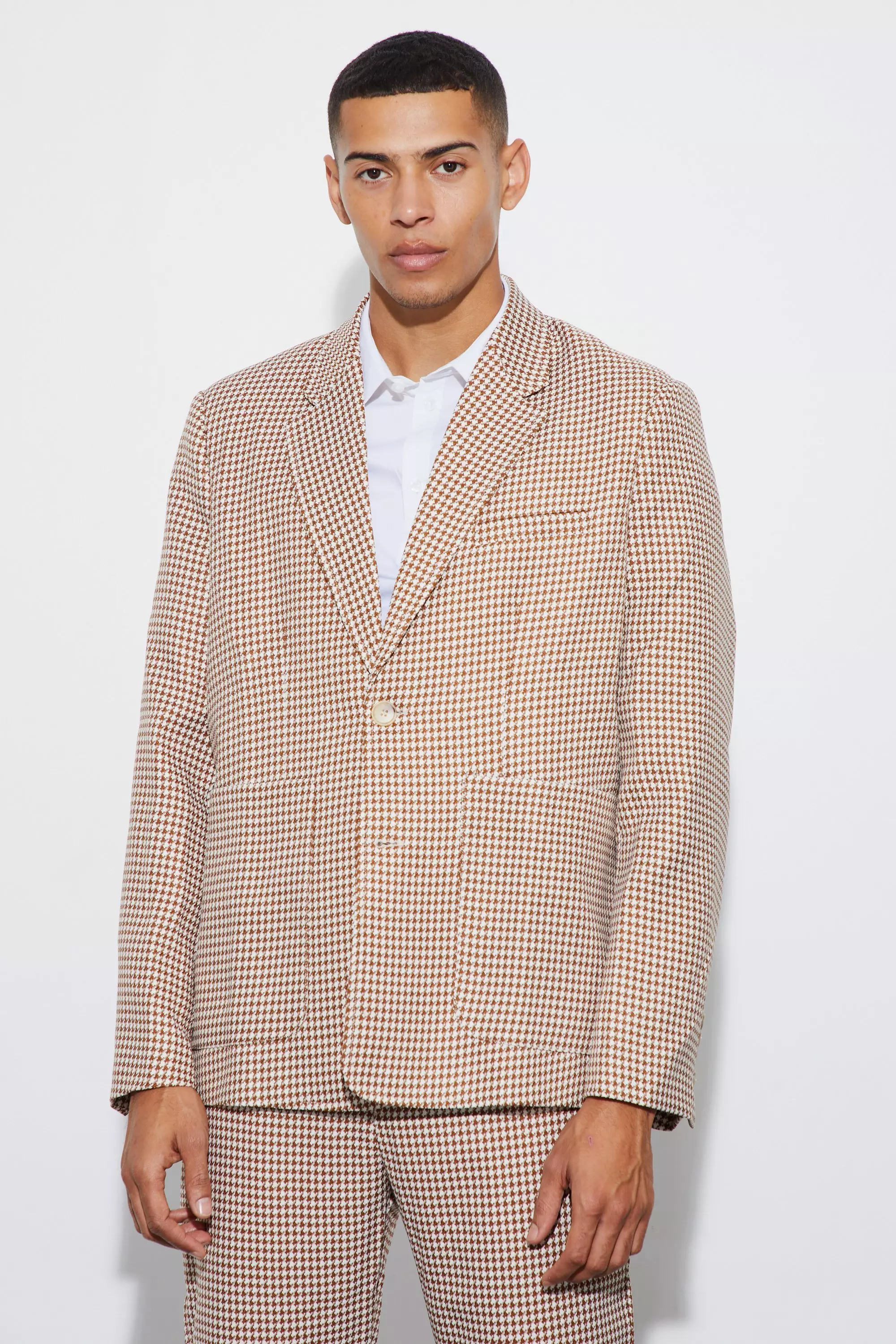 Stone Beige Boucle Houndstooth Oversized Blazer