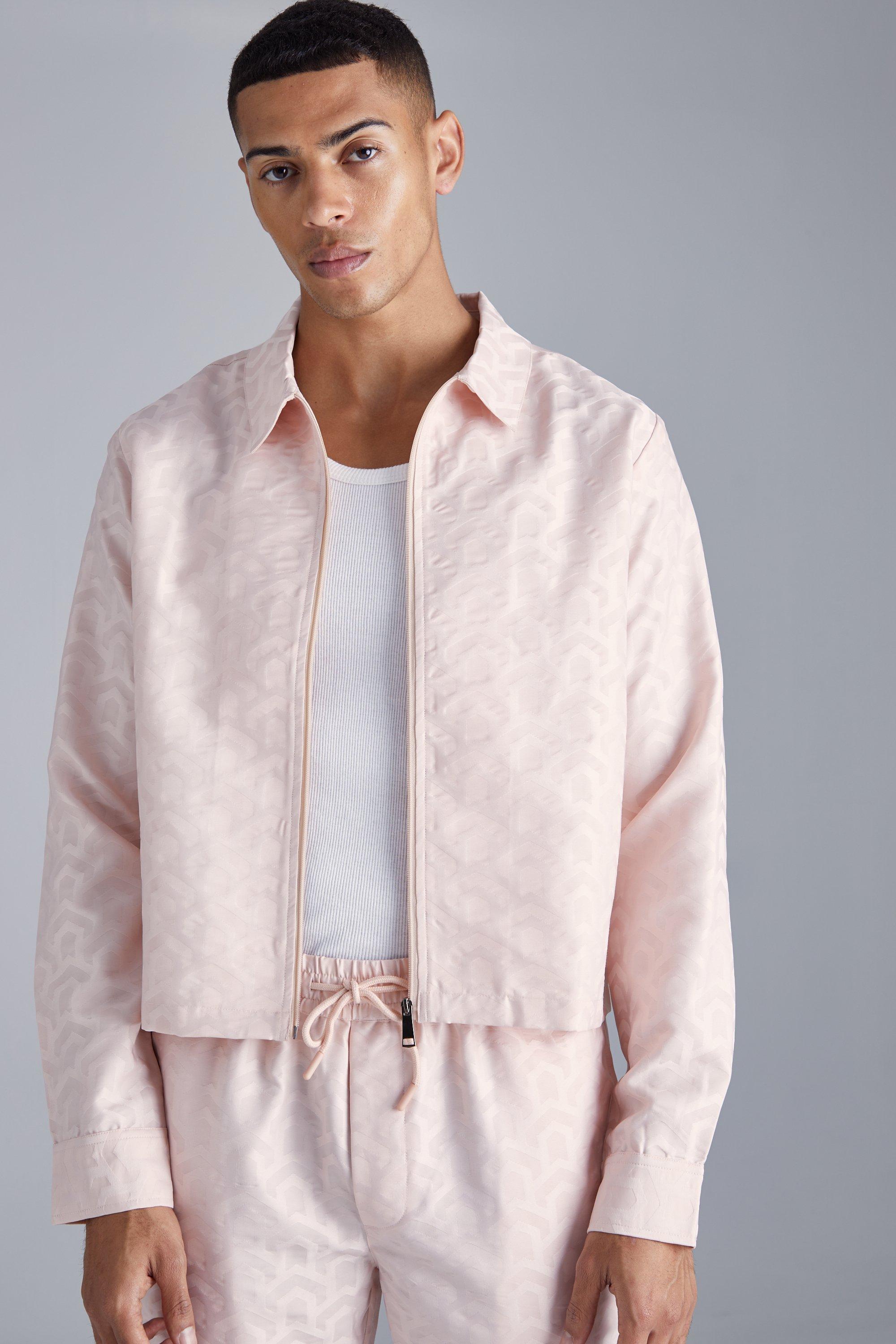 Pink Textured Geo Boxy Zip Through Overshirt