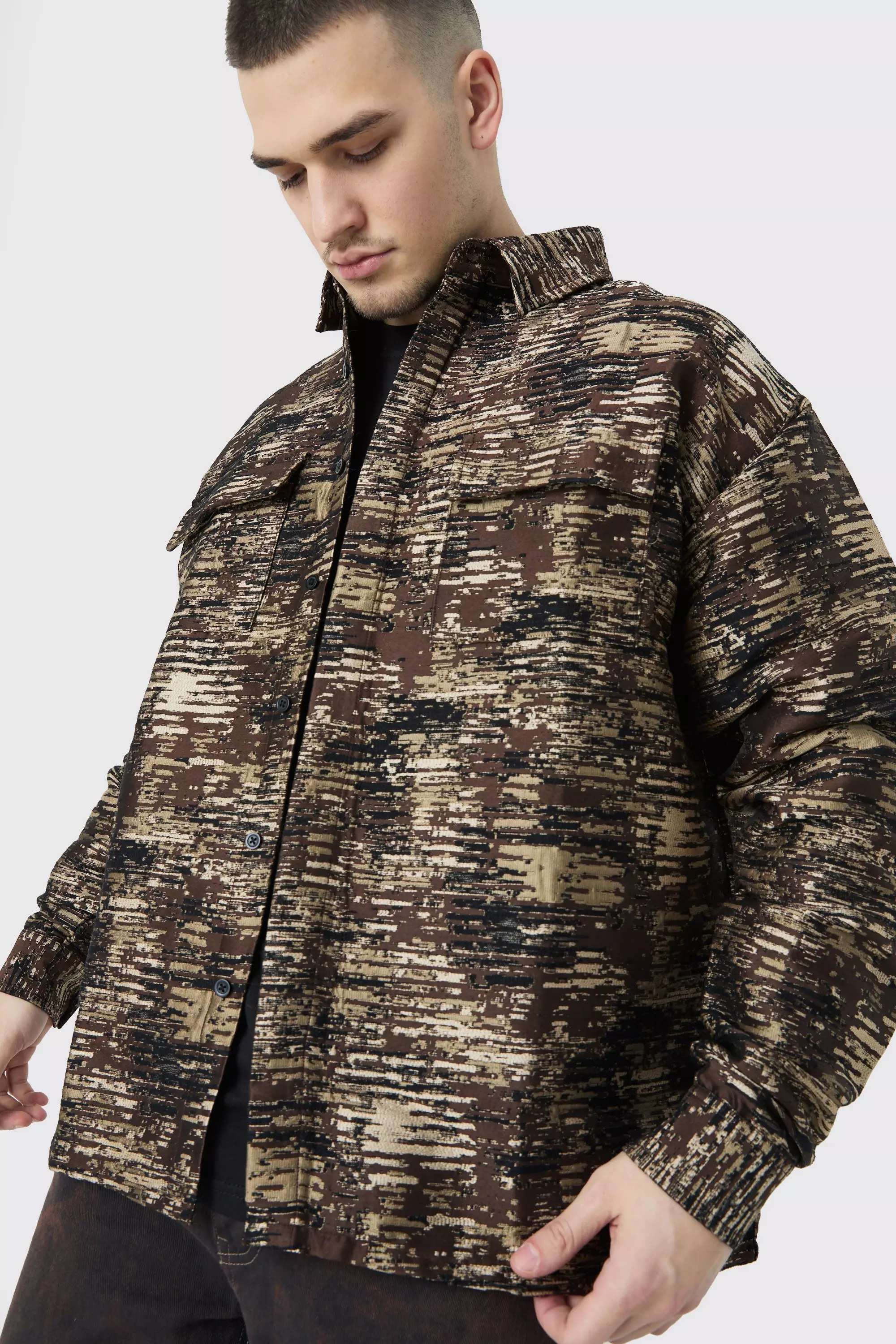 Stone Tall Textured Camo Patch Pocket Overshirt alternative image