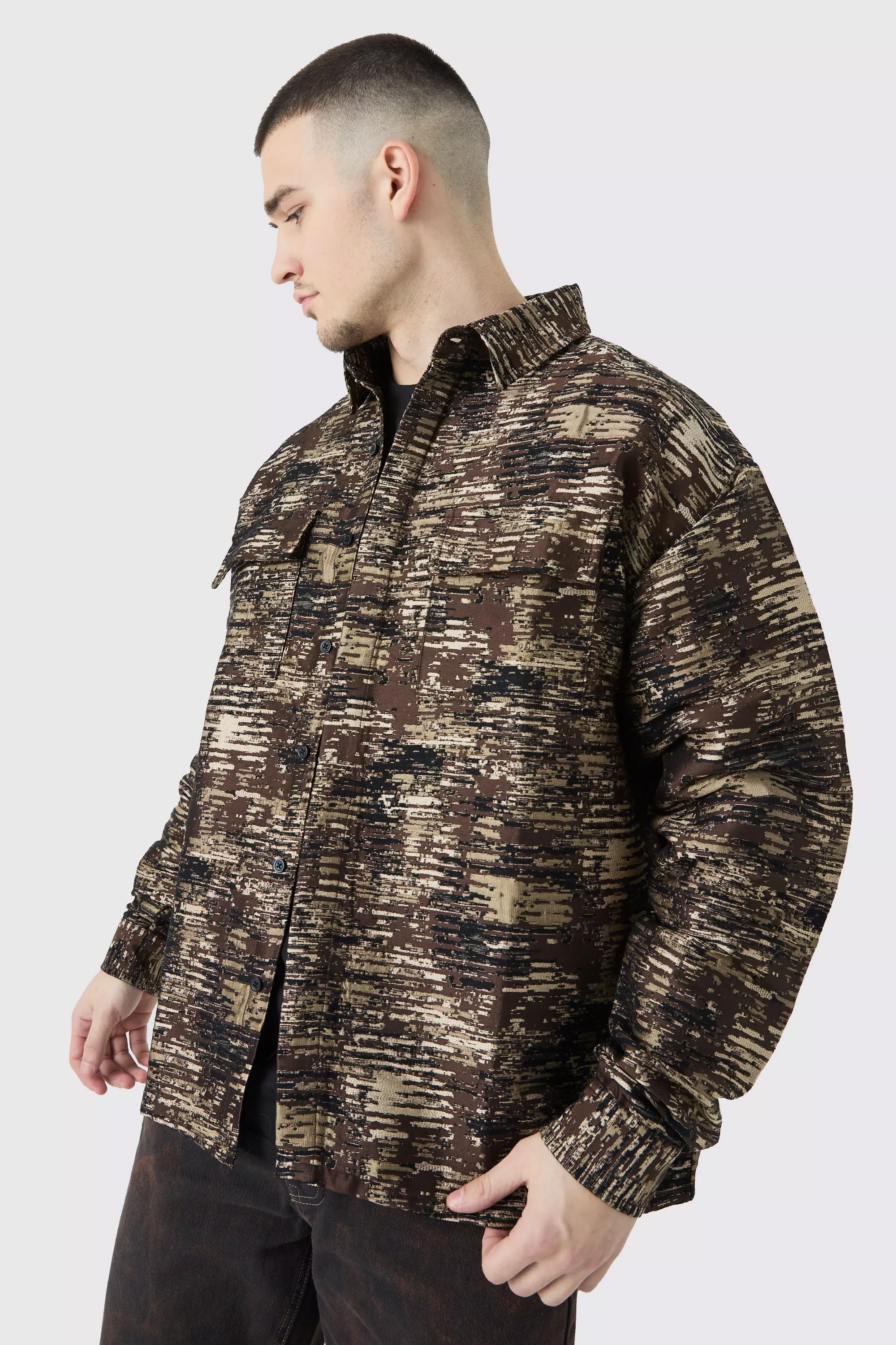 Stone Tall Textured Camo Patch Pocket Overshirt alternative image