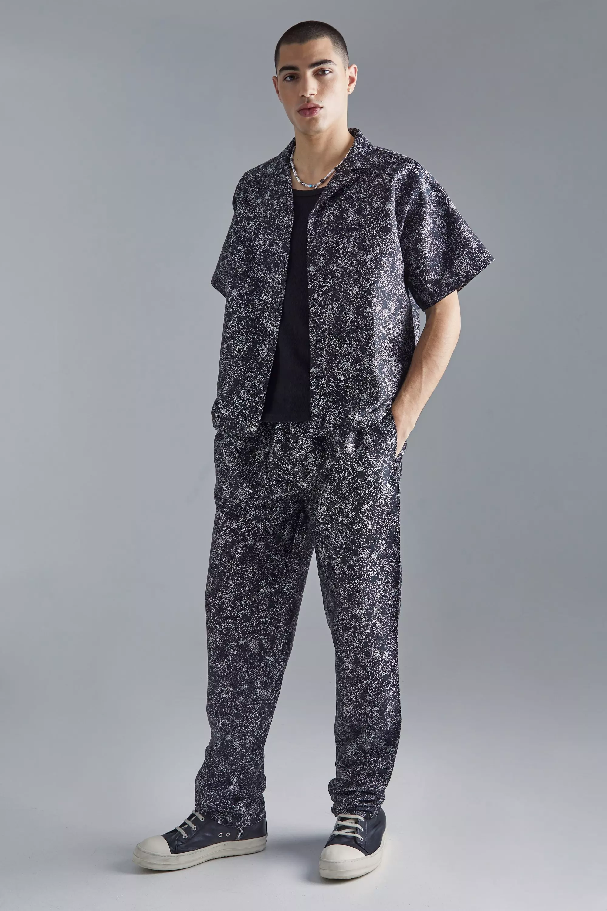 Boxy Fabric Interest Shirt And Pants Set Black