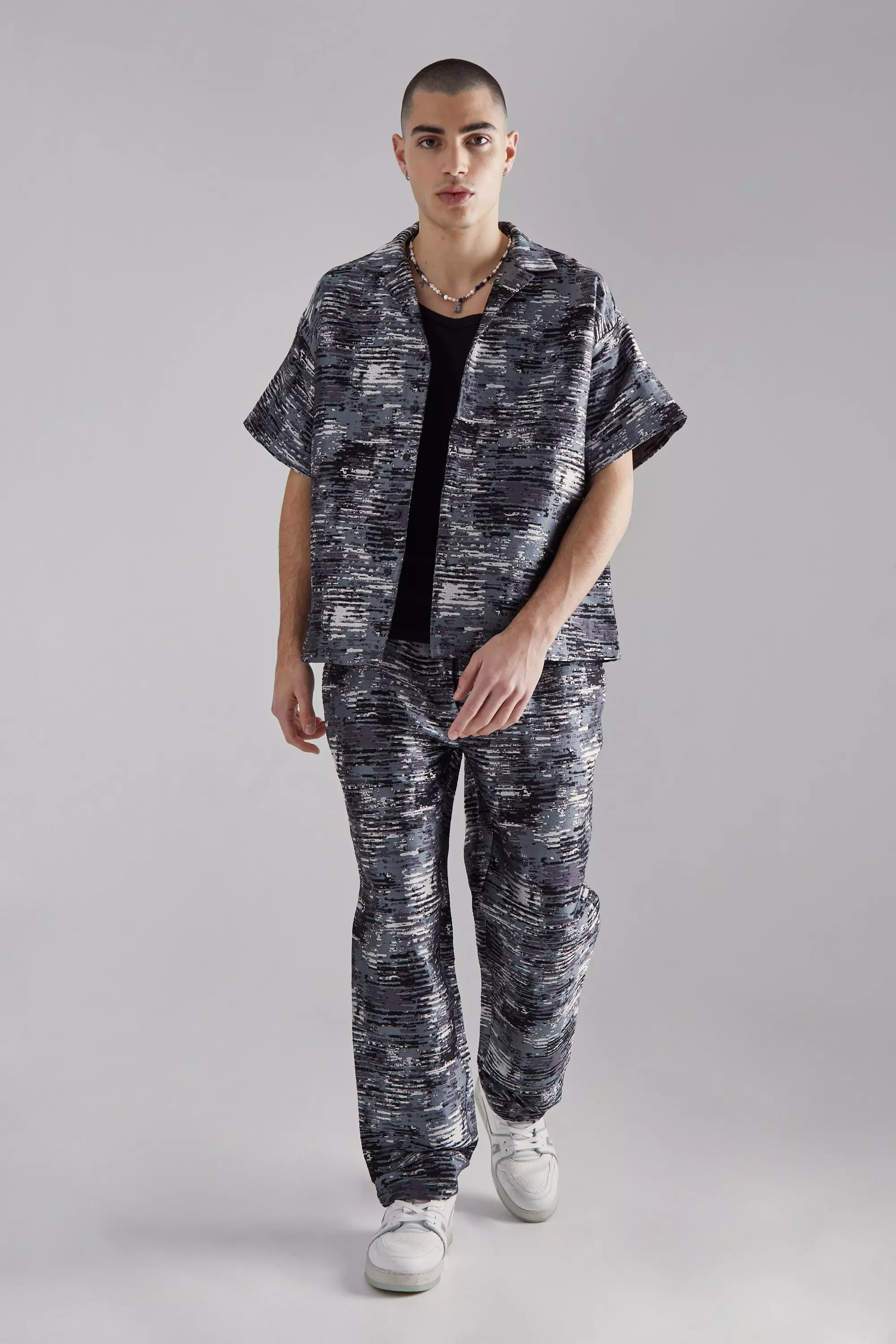 Boxy Textured Camo Shirt And Trouser Set Grey