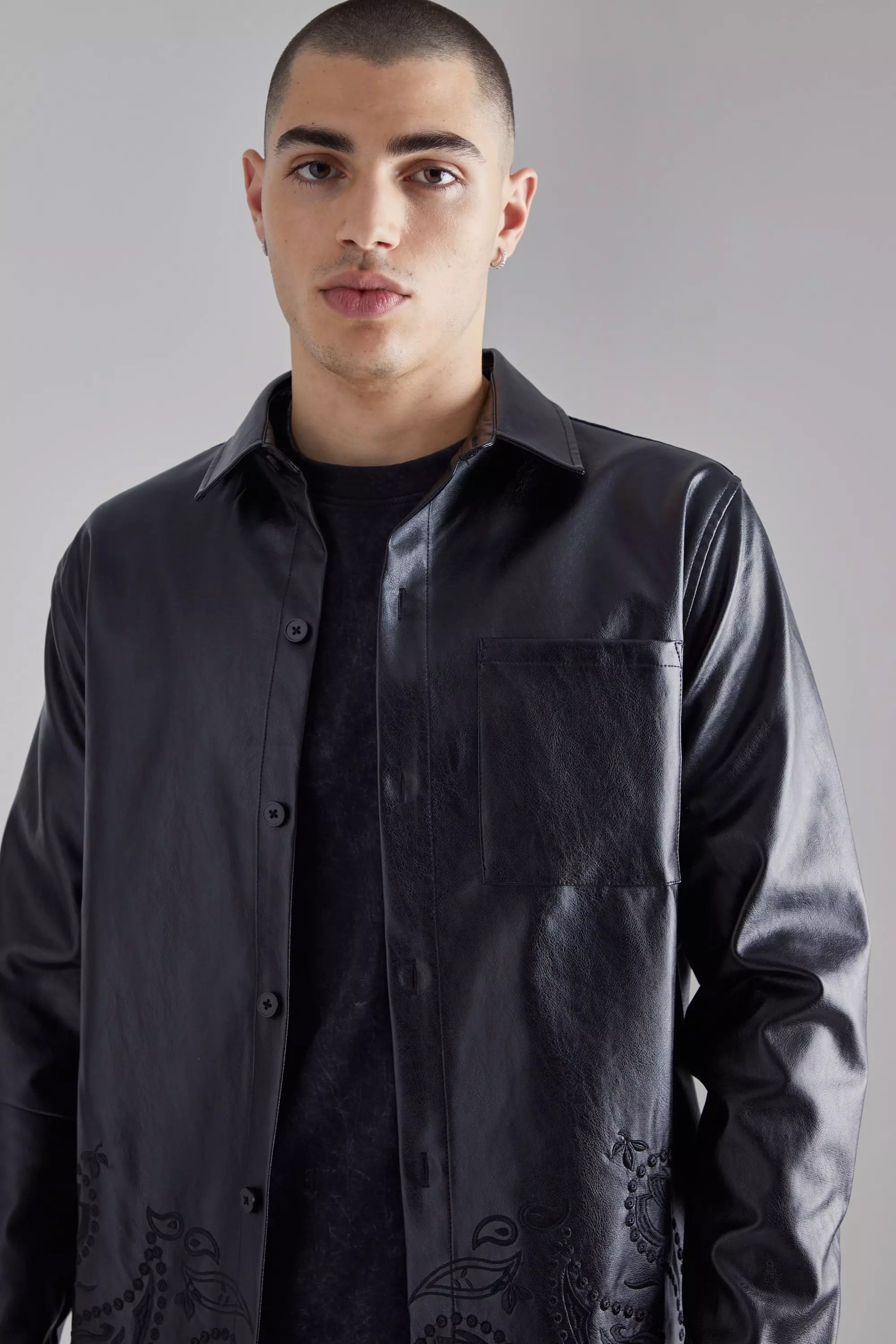 Pu Paisley Embroidered Overshirt Black