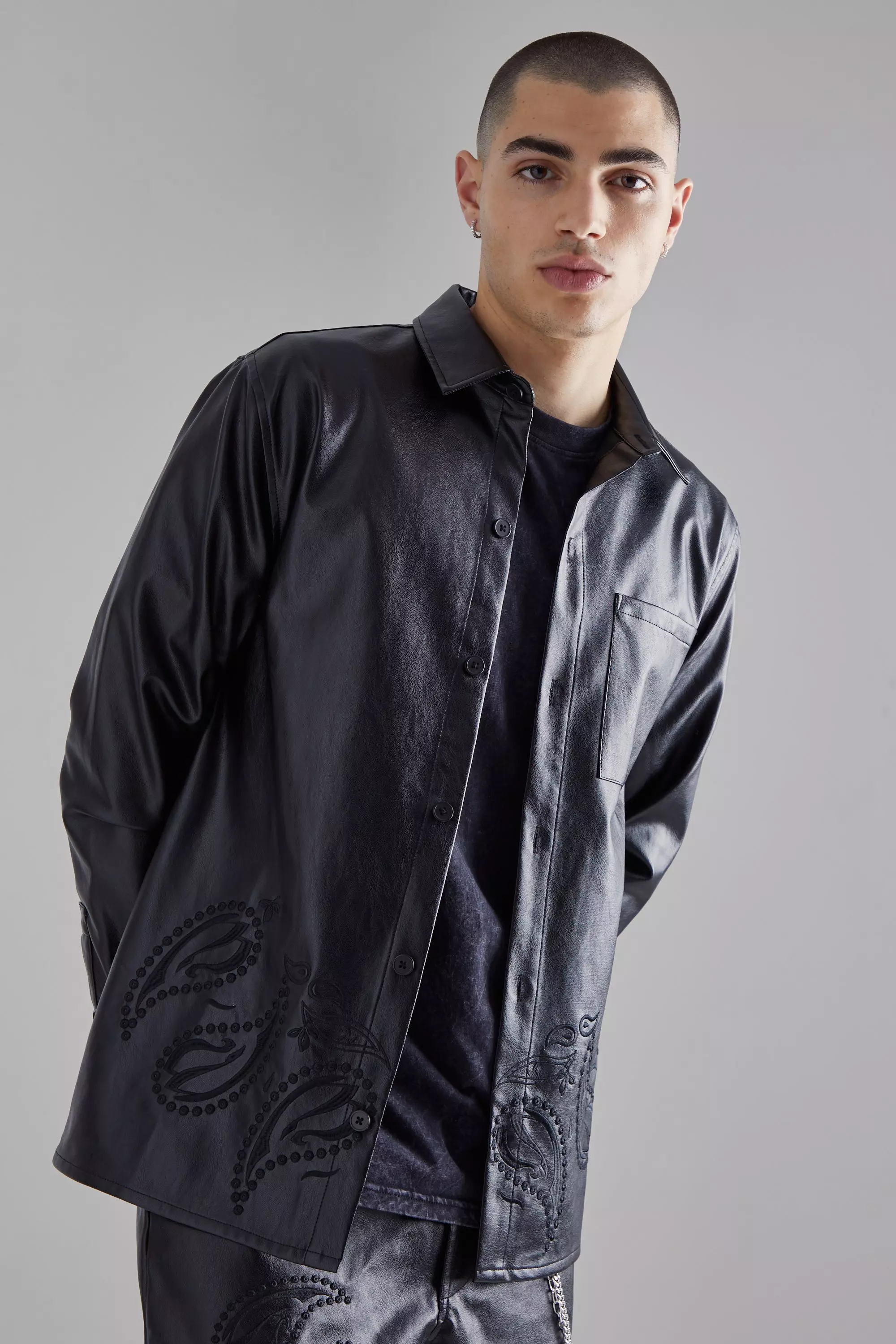 Black Geborduurd PU Paisley Overhemd alternatieve afbeelding