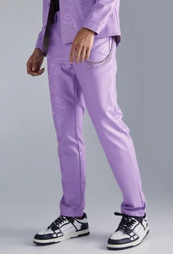 Lilac Purple Pu Paisley Embroidered Slim Trouser