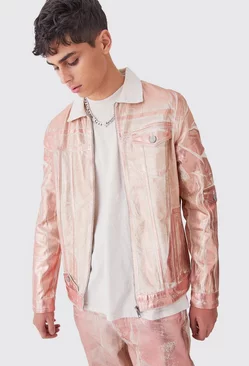 Metallic Print Denim Jacket Pink