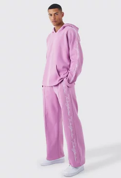 Pink Oversized Raw Edge Script Embroidered Tracksuit