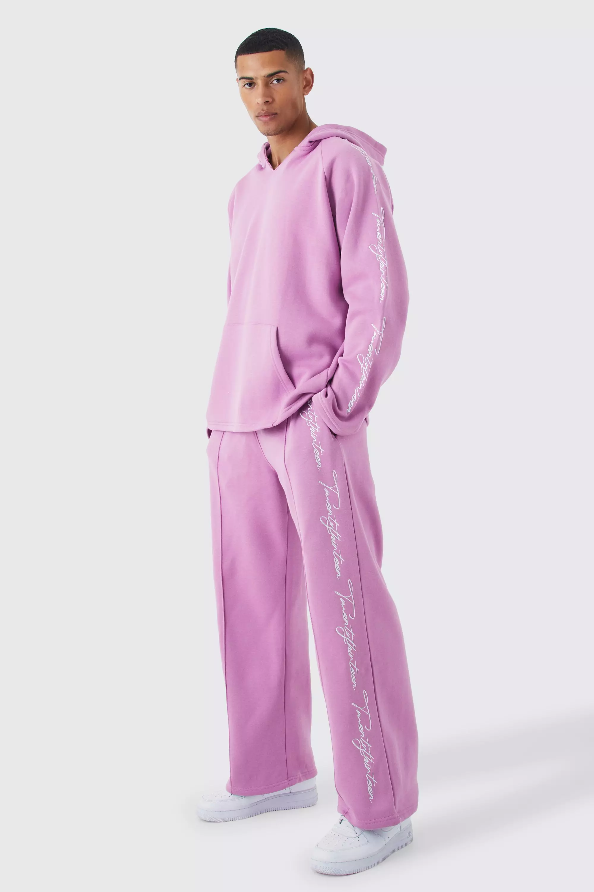 Oversized Raw Edge Script Embroidered Tracksuit Pink
