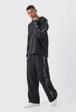 Oversized Raw Edge Script Embroidered Tracksuit Black
