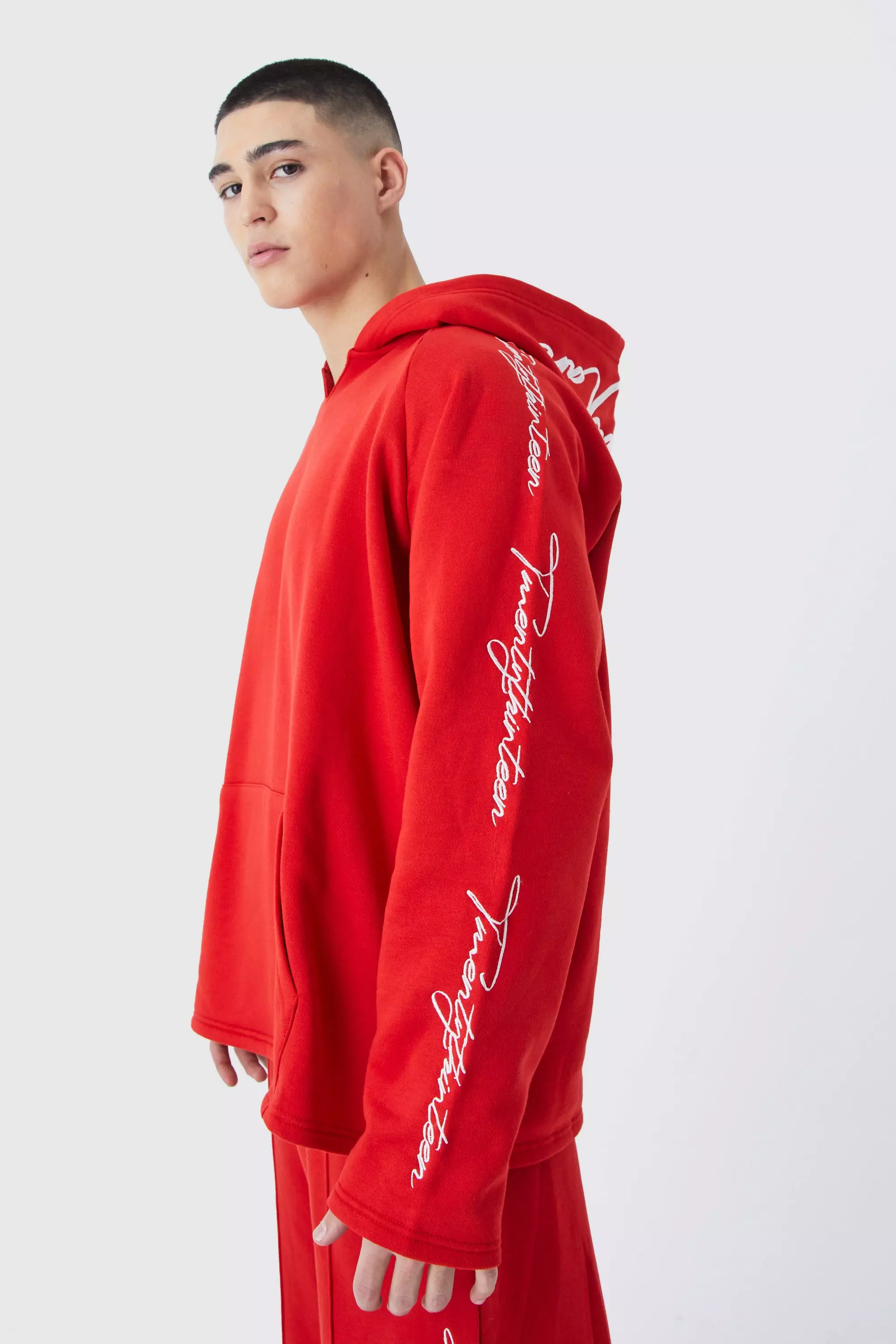 Red Oversized Raw Edge Script Embroidered Hoodie alternative image