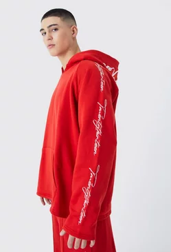 Red Oversized Raw Edge Script Embroidered Hoodie