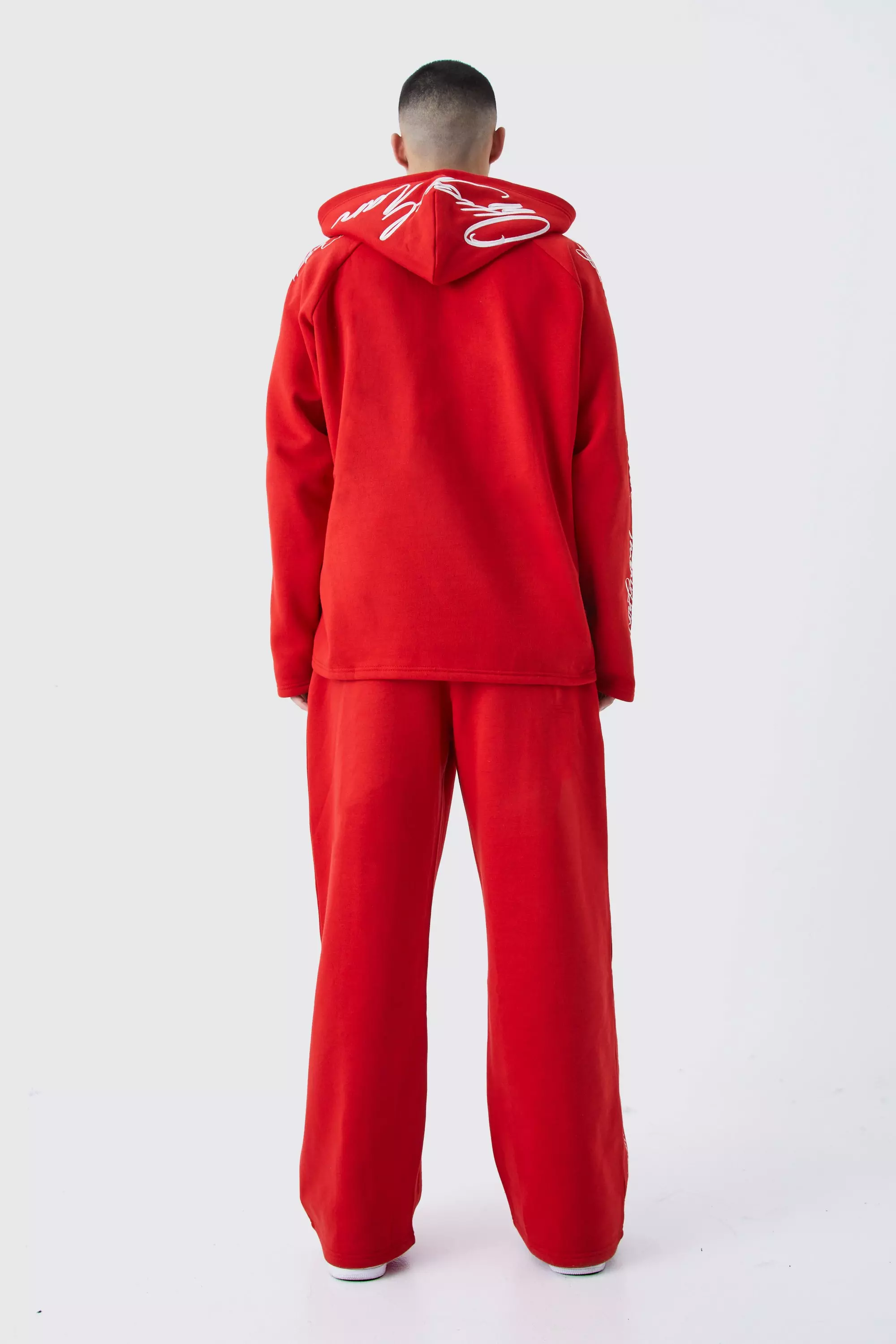 Red Oversized Raw Edge Script Embroidered Hoodie alternative image
