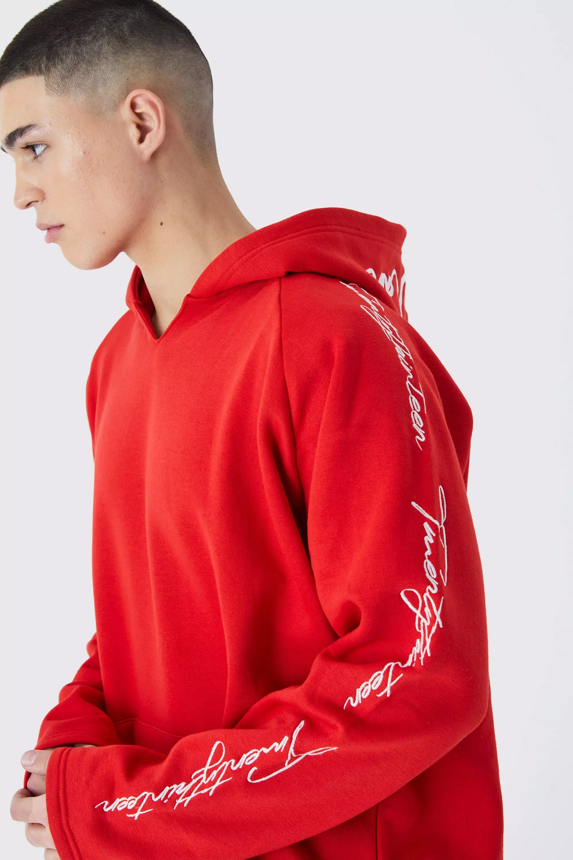 Red Oversized Raw Edge Script Embroidered Hoodie alternative image