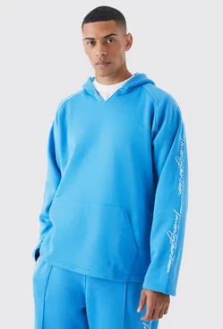 Blue Oversized Raw Edge Script Embroidered Hoodie
