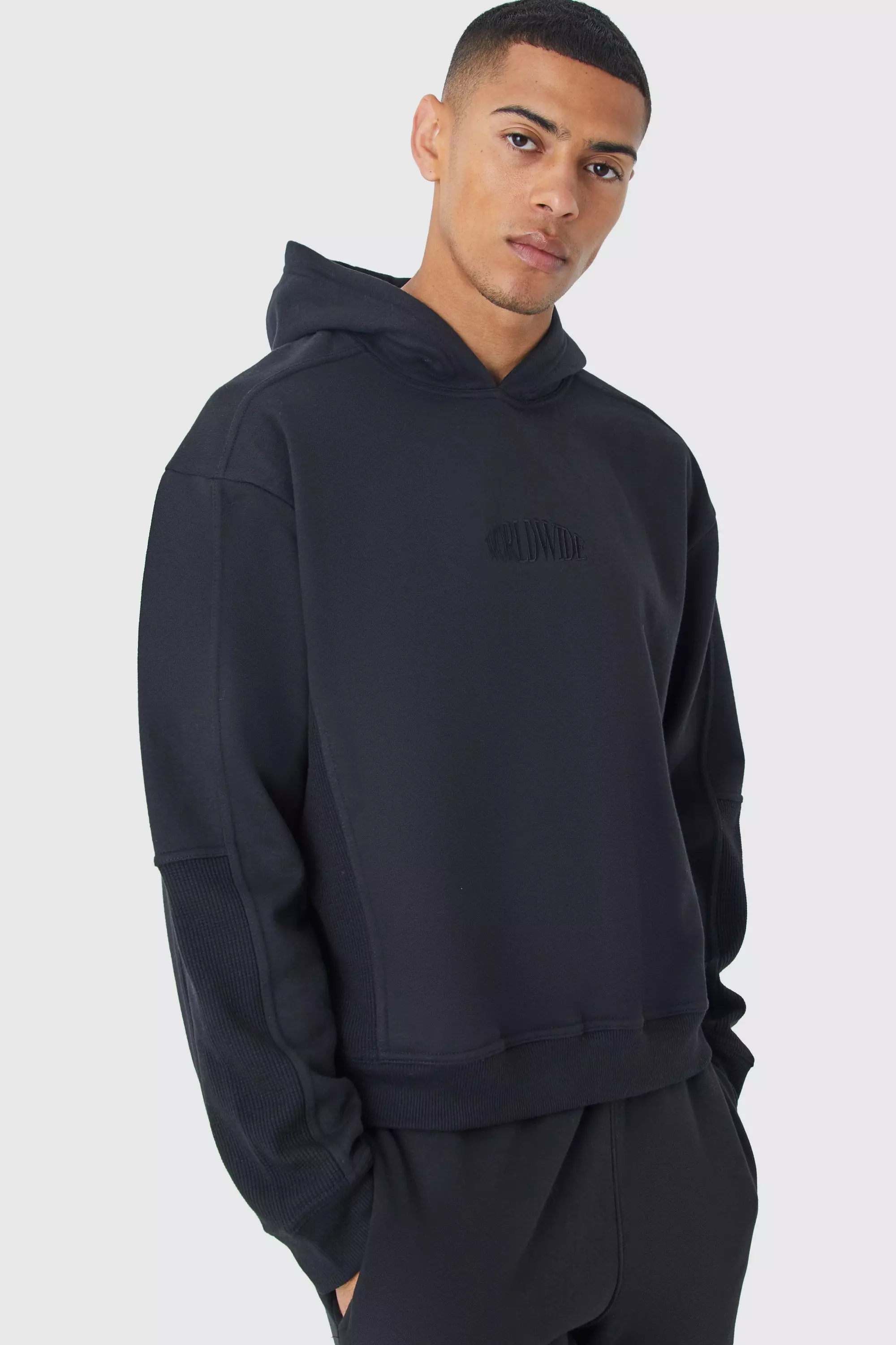 Oversized Boxy Waffle Panel Hoodie Black