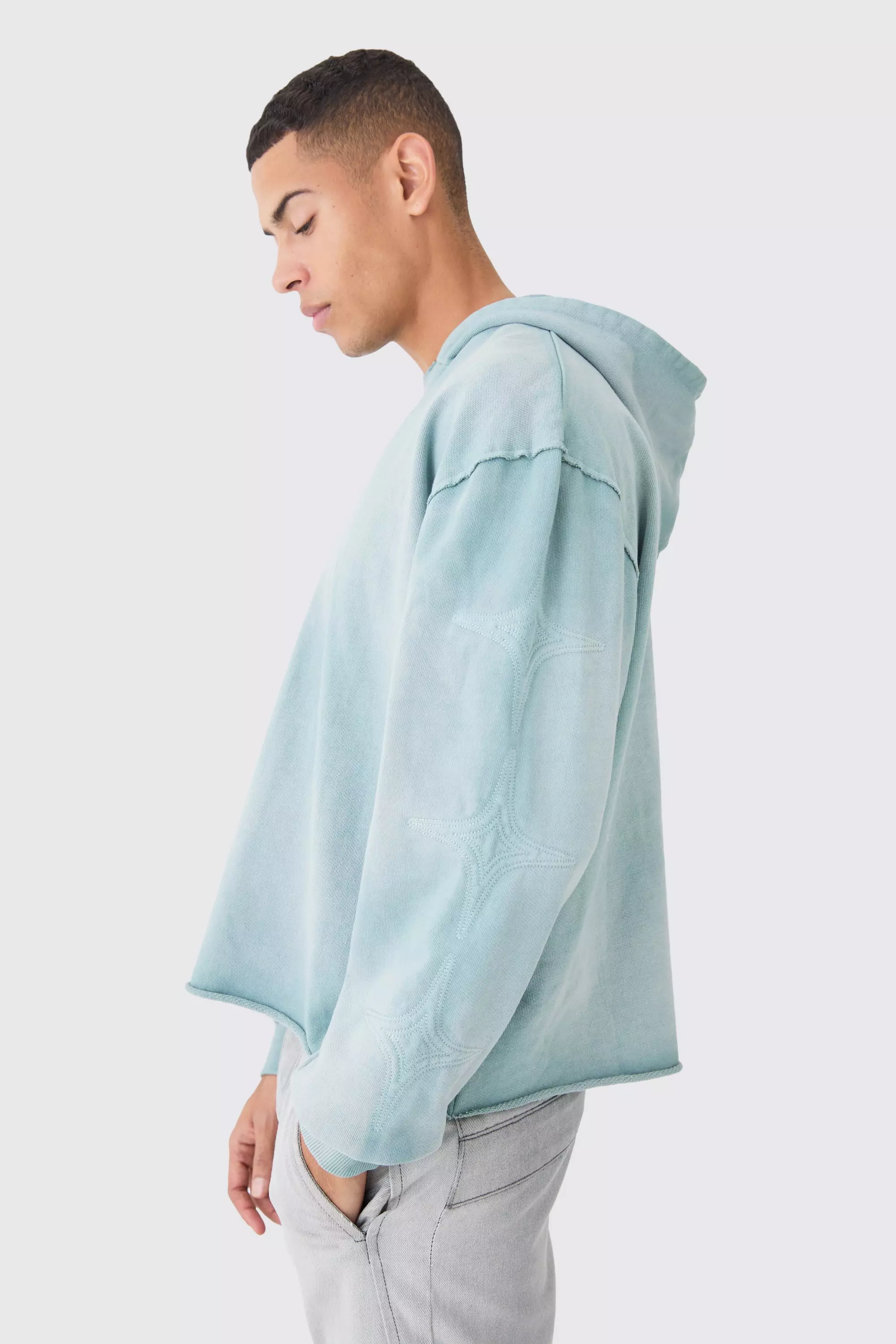 Sage Green Oversized Boxy Raw Hem Overdye Quilted Hoodie