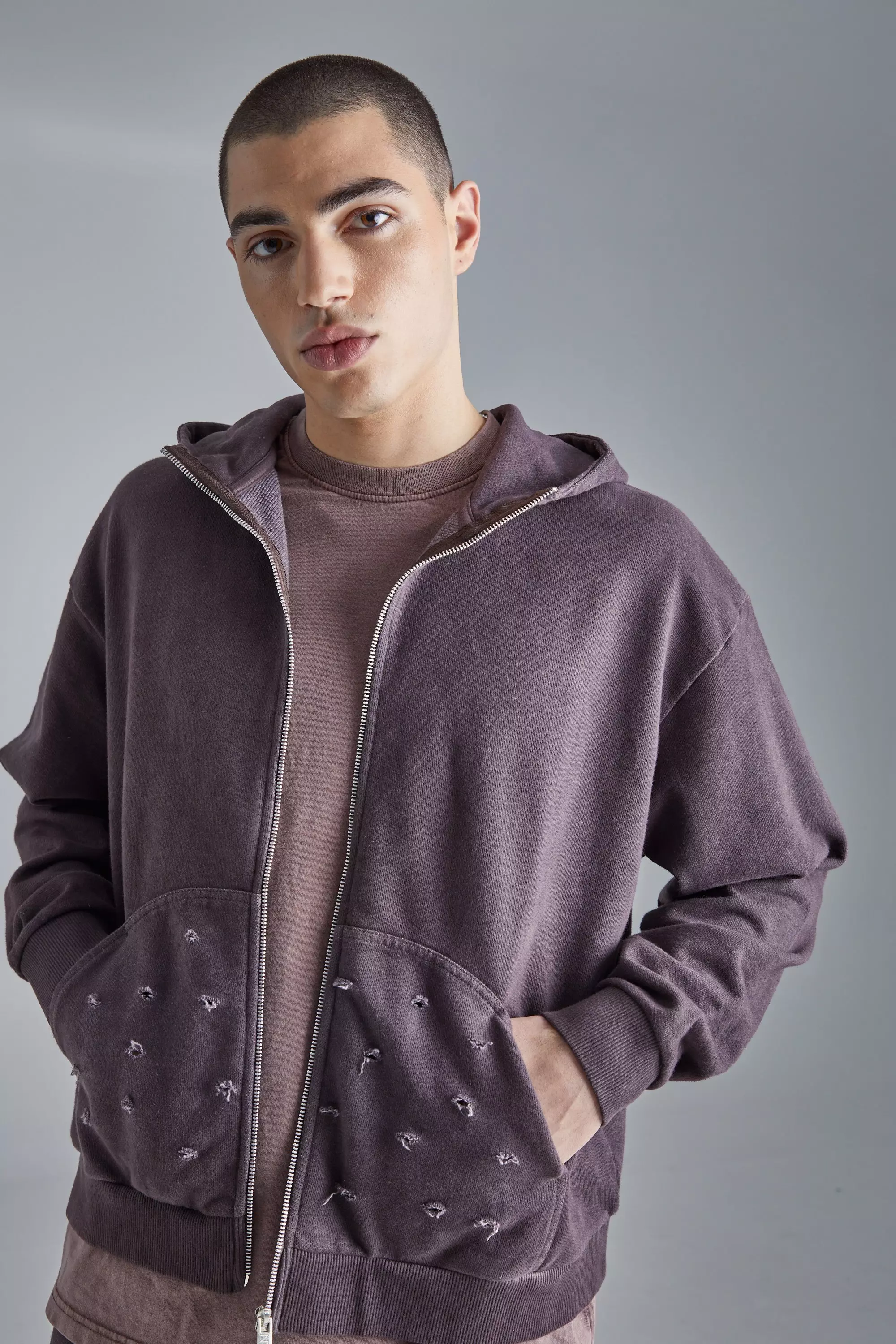 Oversized Boxy Distressed Washed Hoodie Chocolate