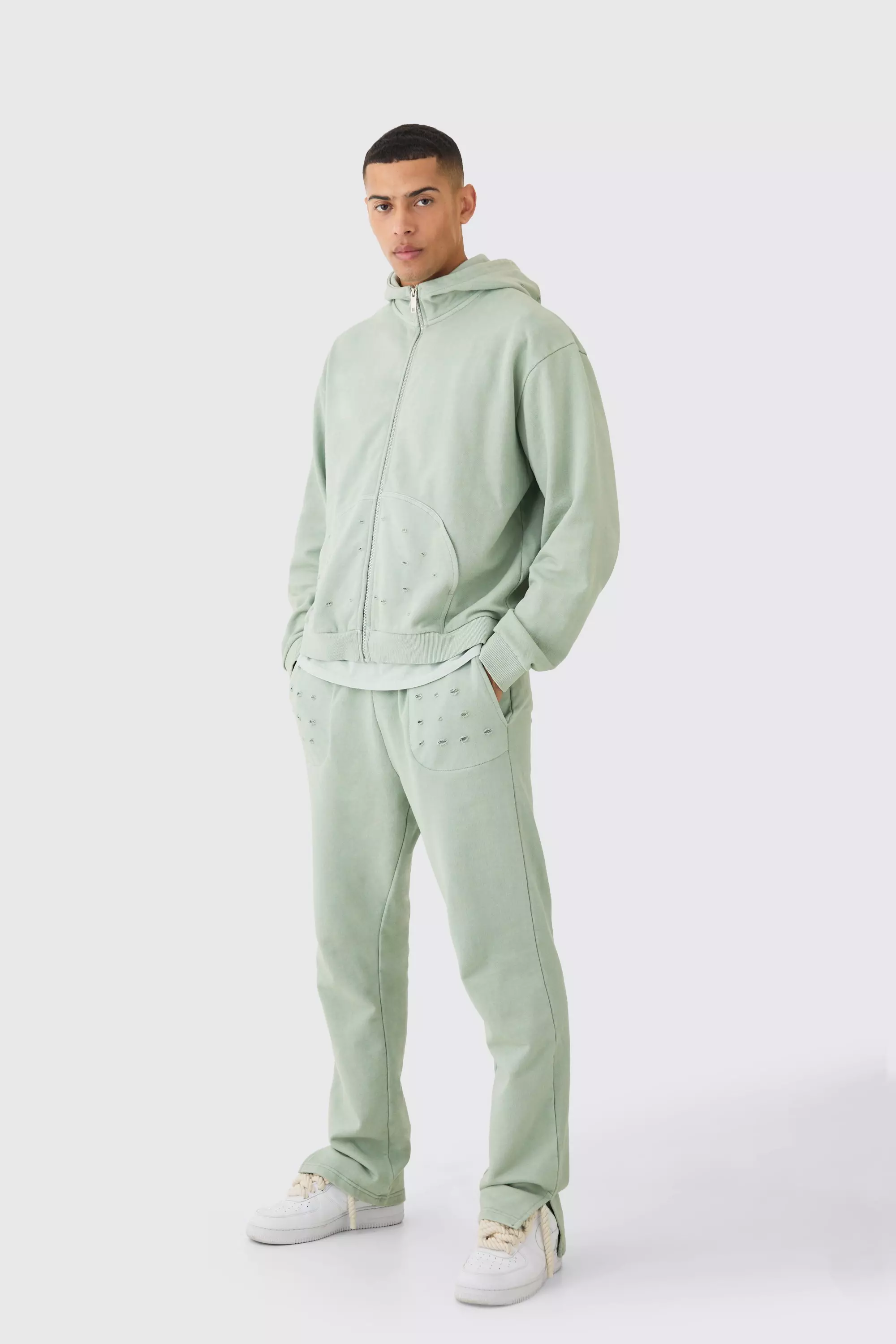 Oversized Boxy Distressed Washed Tracksuit Sage