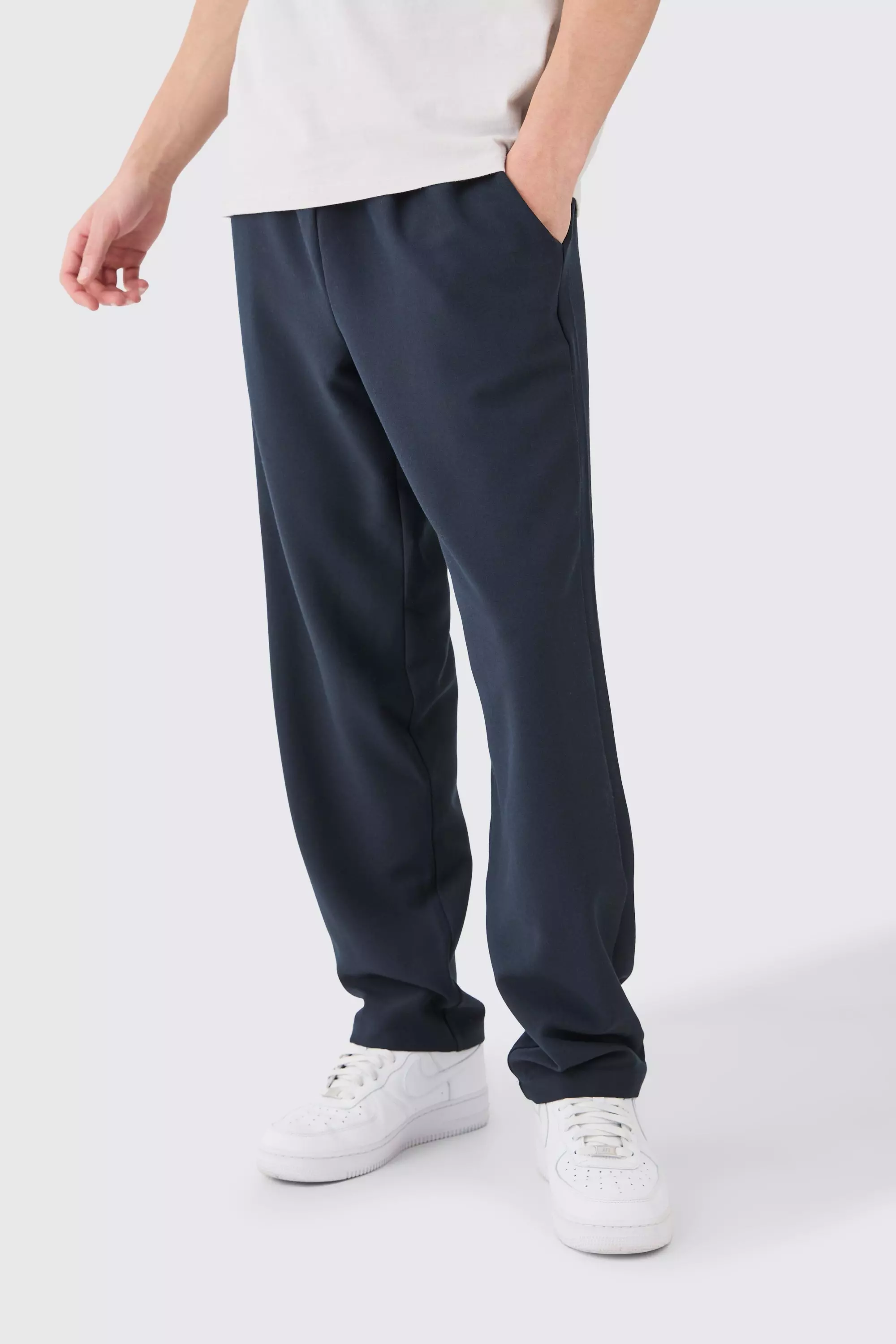 Navy Drawcord Waist Straight Trousers