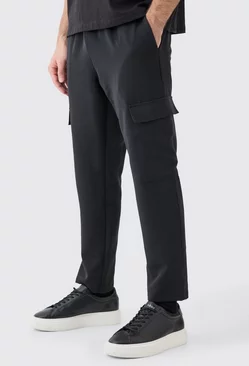 Drawcord Waist Tapered Cargo Trousers Black