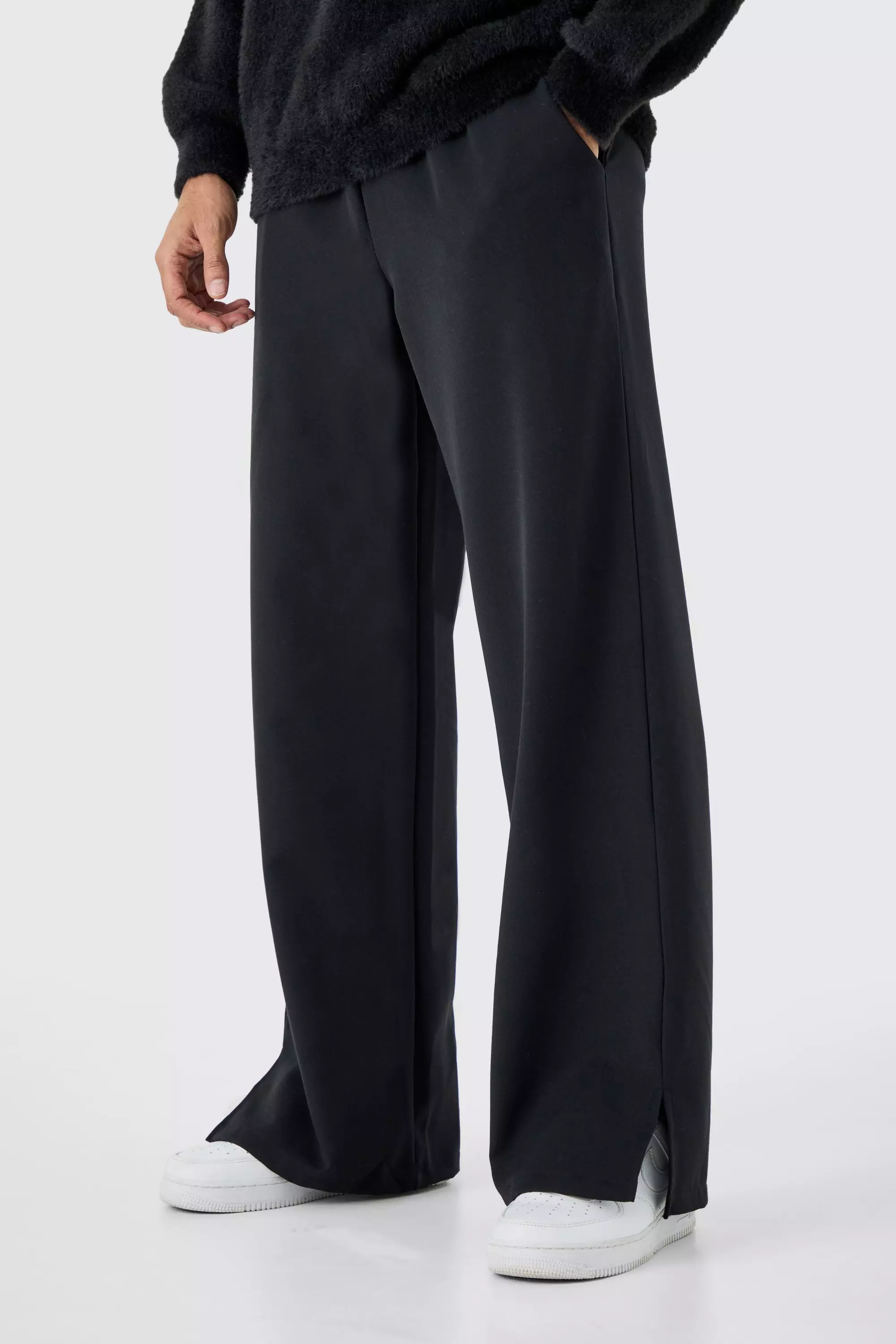 Black Drawcord Waist Split Hem Wide Leg Trousers