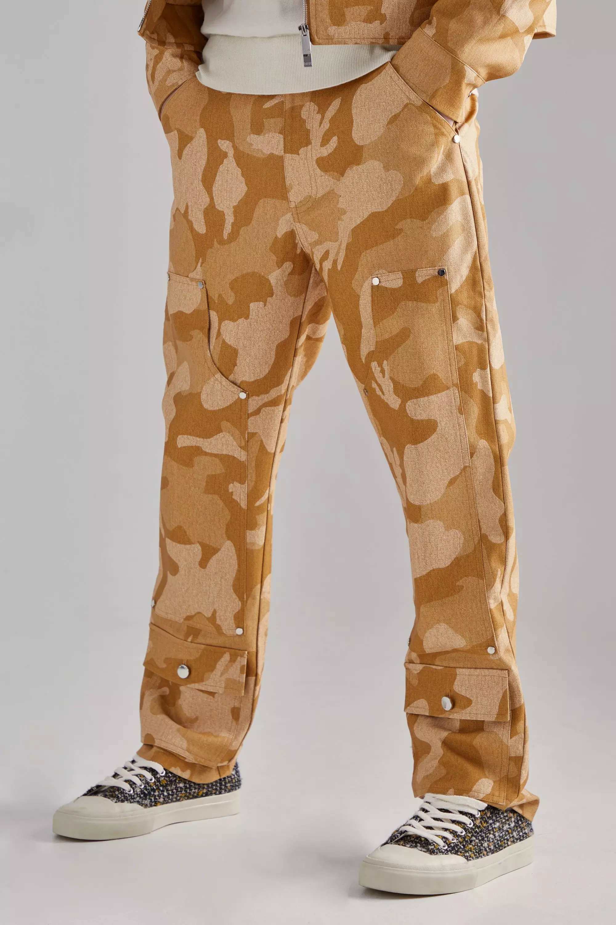 Tan Brown Fixed Waist Straight Fit Camo Carpenter Trousers