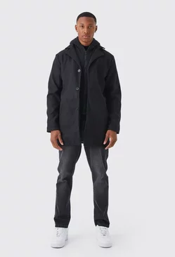 Single Breasted Wool Mix Overcoat With Hood Black