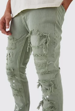 Sage Green Slim Rigid Flare Rip & Repair Bleached Jeans