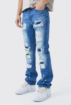 Blue Slim Rigid Flare Rip & Repair Bleached Jeans