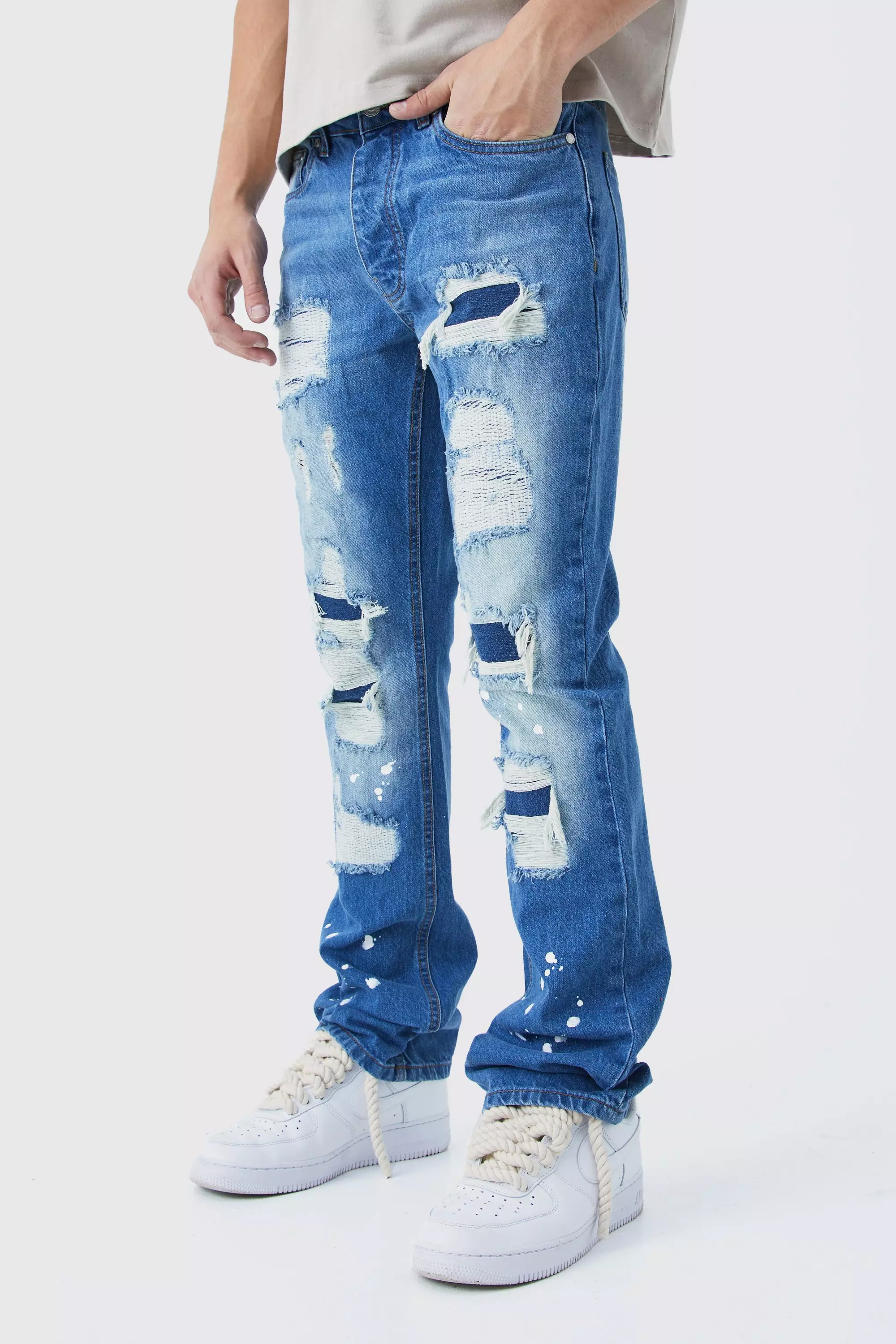 Blue Slim Rigid Flare Rip & Repair Bleached Jeans