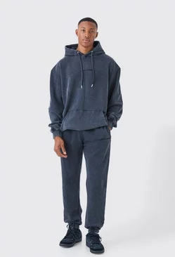 Oversized Official Acid Wash Hooded Tracksuit Charcoal