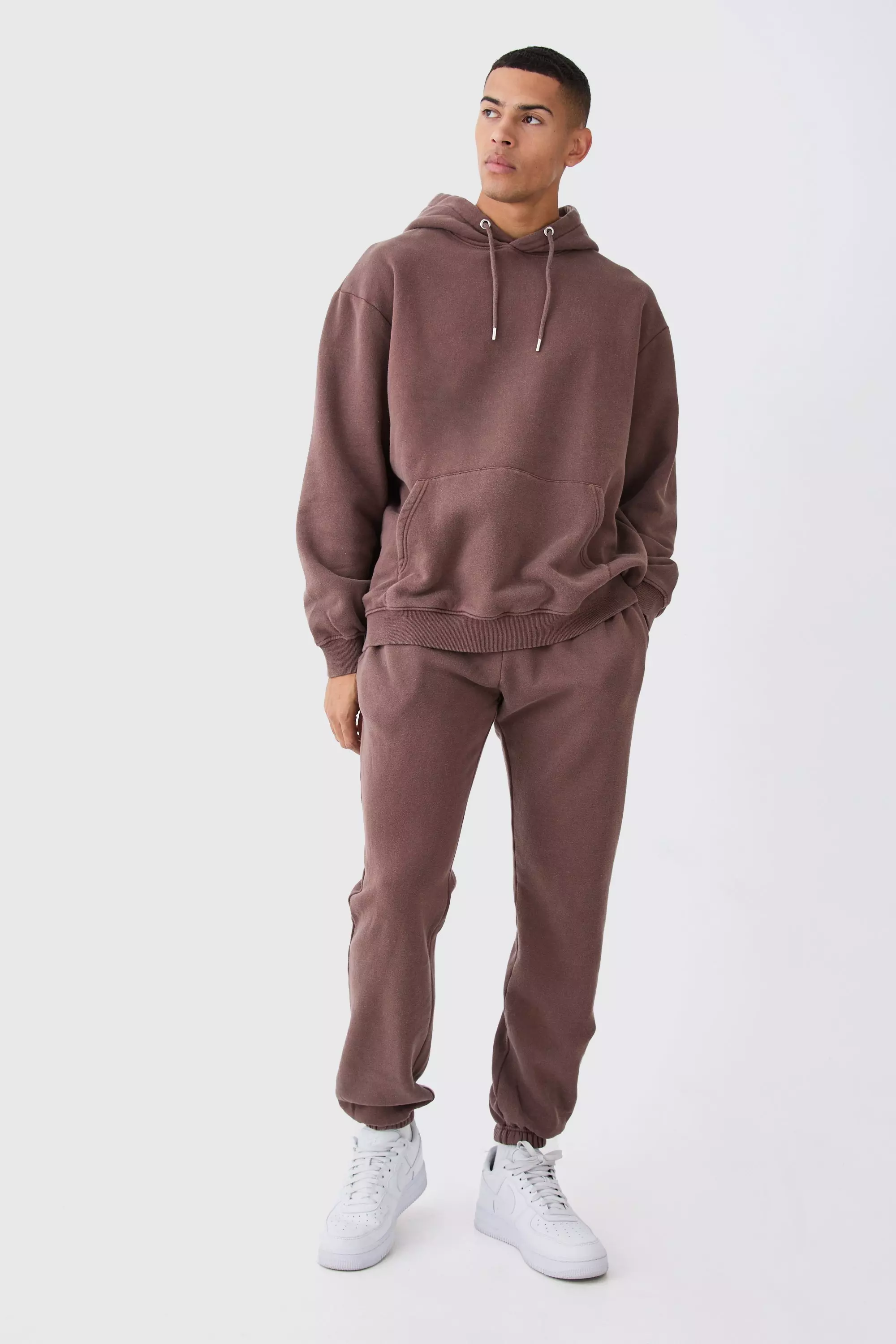 Chocolate Brown Oversized Acid Wash Hooded Tracksuit