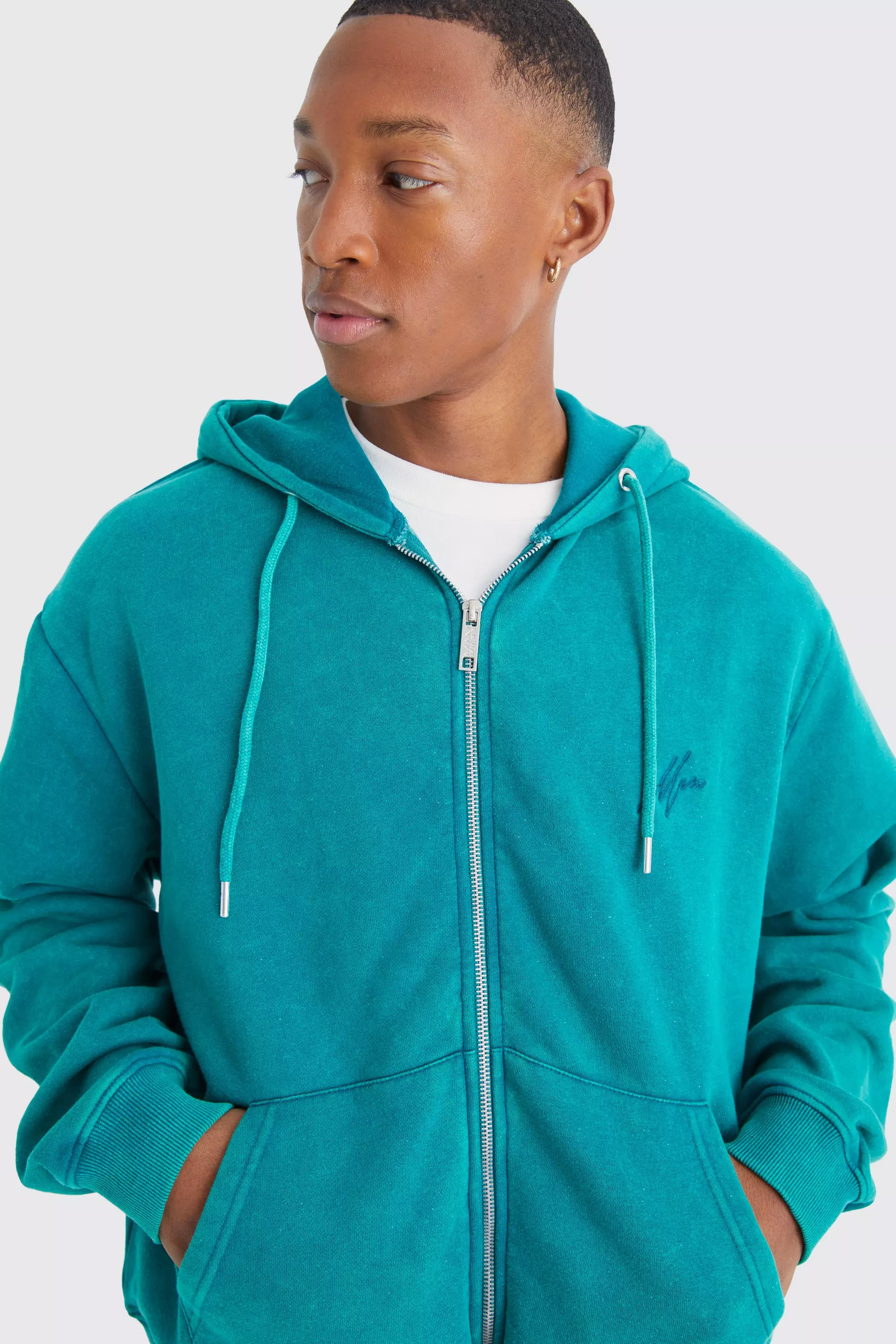 Oversized Man Boxy Zip Through Washed Hoodie Teal