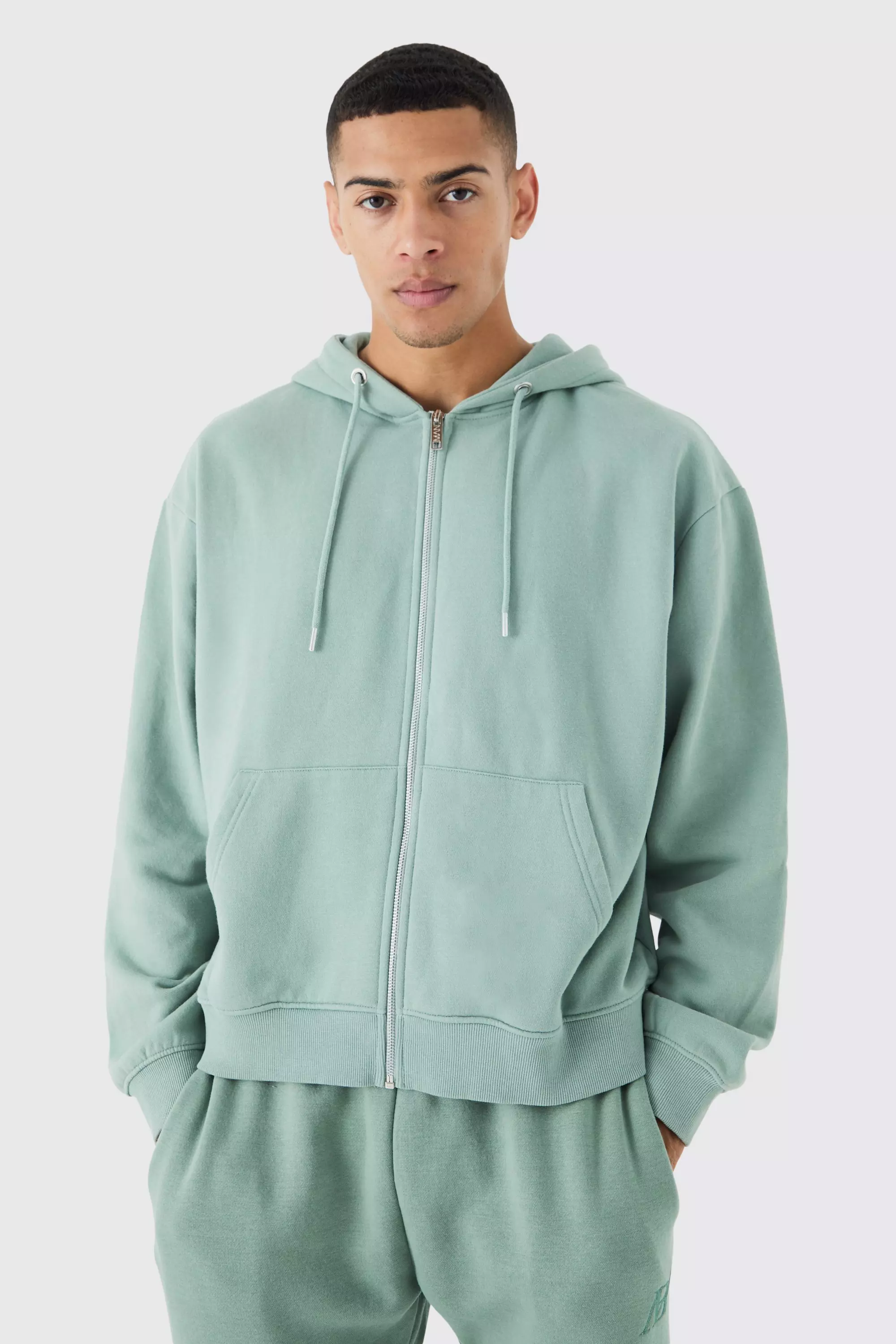 Oversized Boxy Zip Through Washed Hoodie Sage