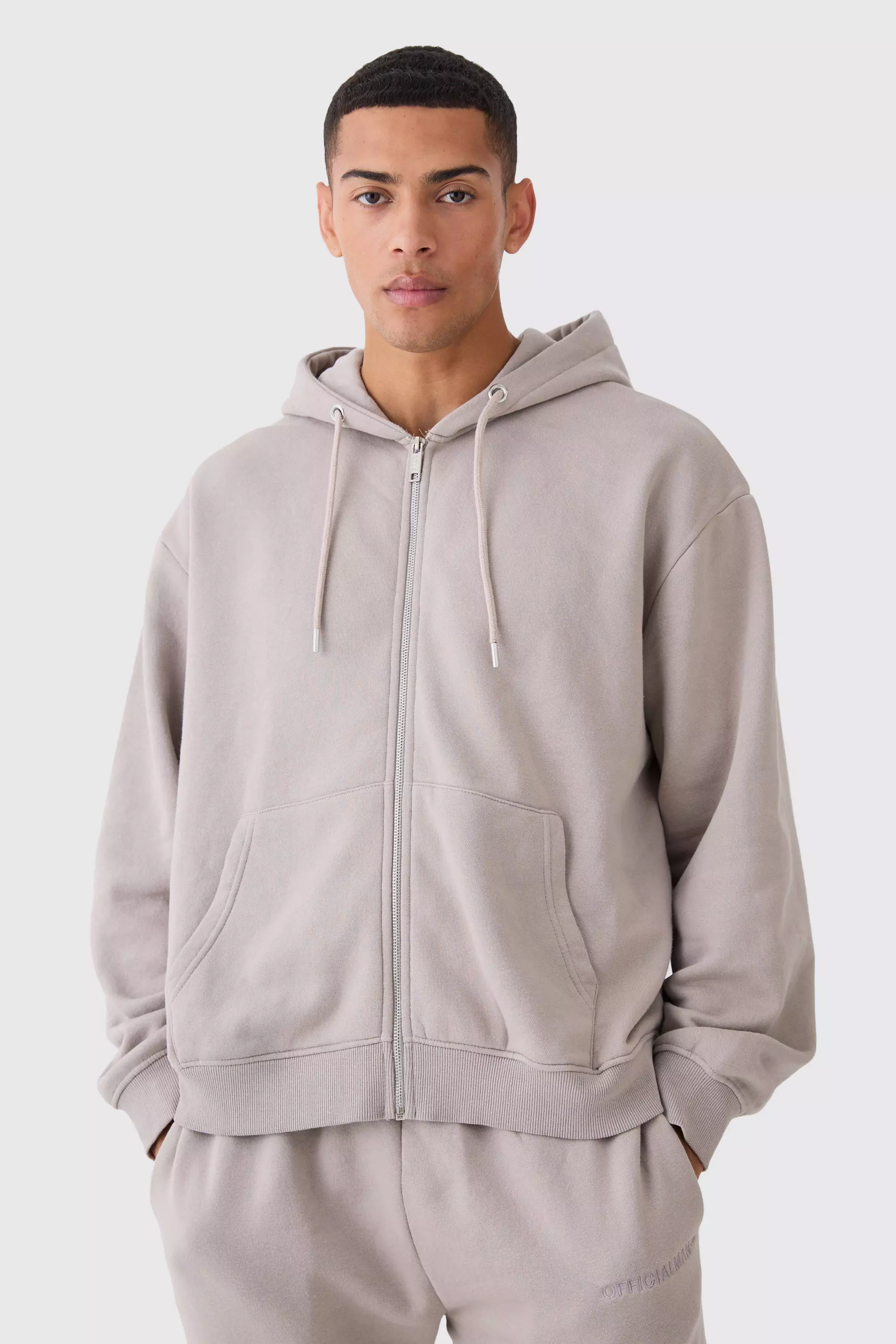 Oversized Boxy Zip Through Washed Hoodie Taupe