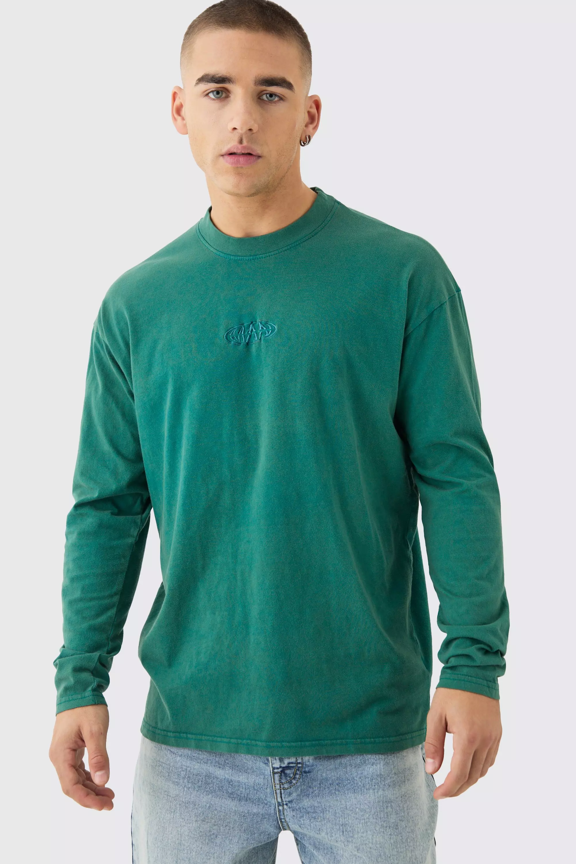 Teal Green Oversized Man Extended Neck Acid Wash Long Sleeve T-shirt