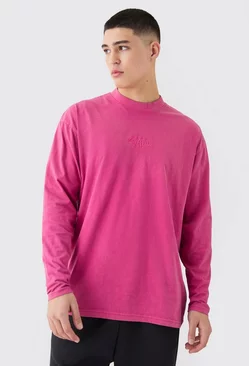 Oversized Man Extended Neck Acid Wash Long Sleeve T-shirt Pink