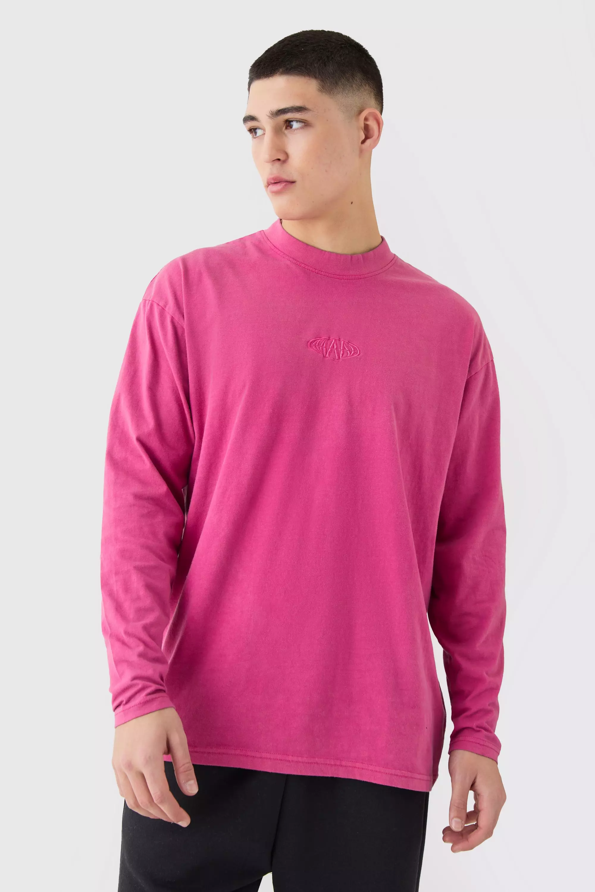 Oversized Man Extended Neck Acid Wash Long Sleeve T-shirt Pink