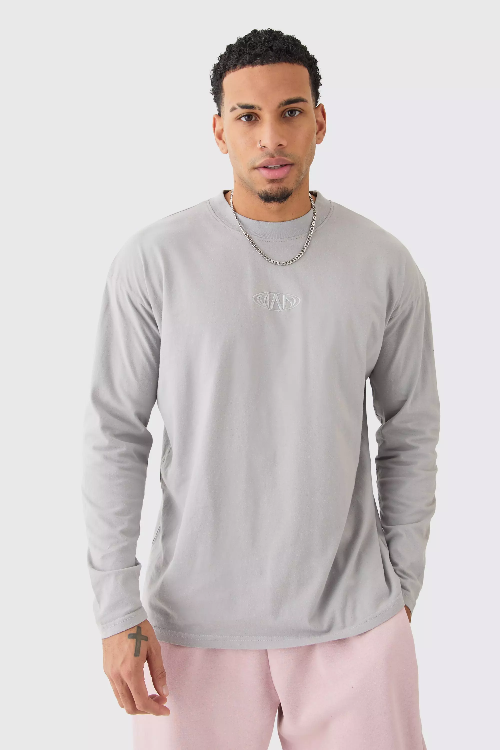 Grey Oversized Man Extended Neck Acid Wash Long Sleeve T-shirt