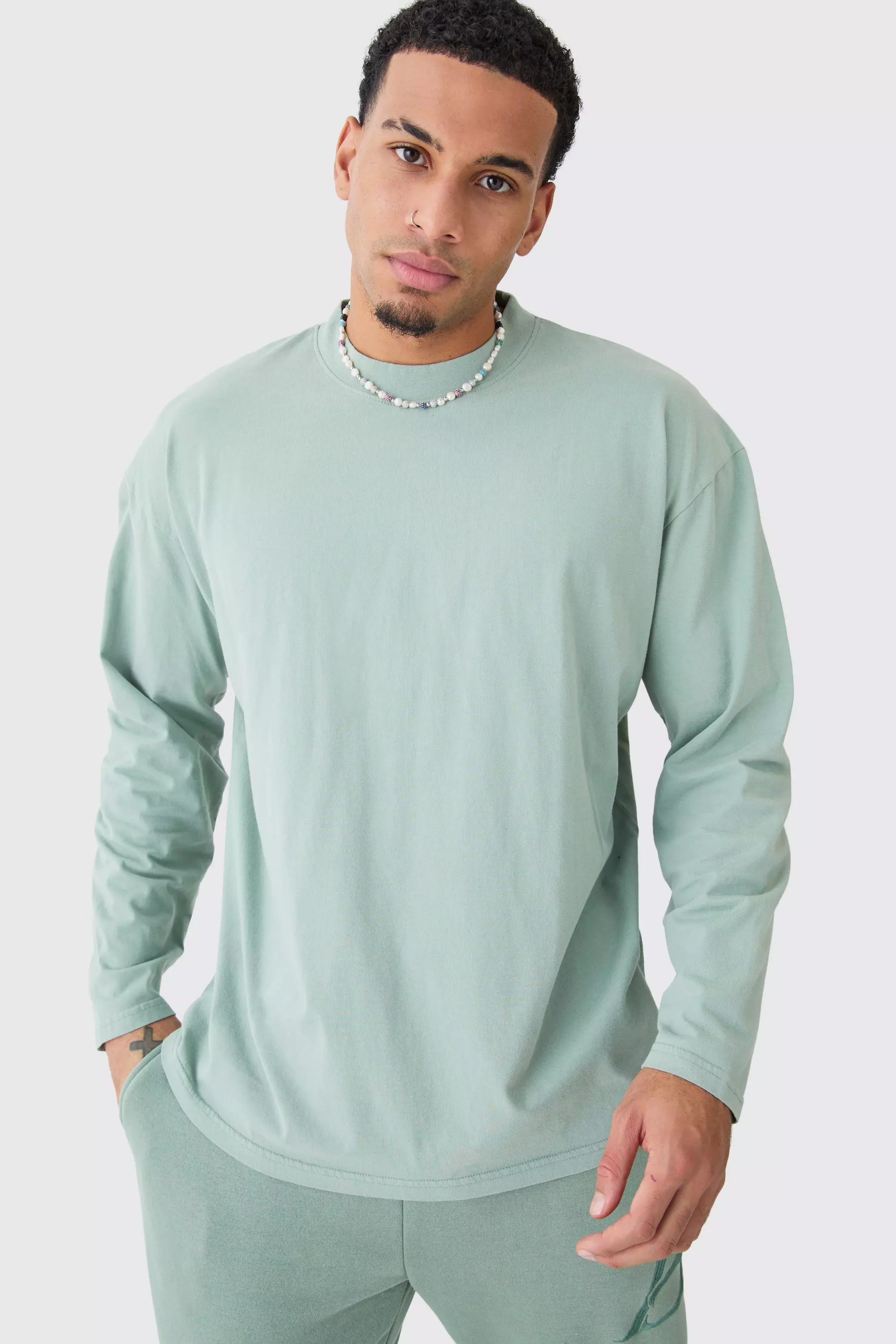 Sage Green Oversized Extended Neck Acid Wash Long Sleeve T-shirt