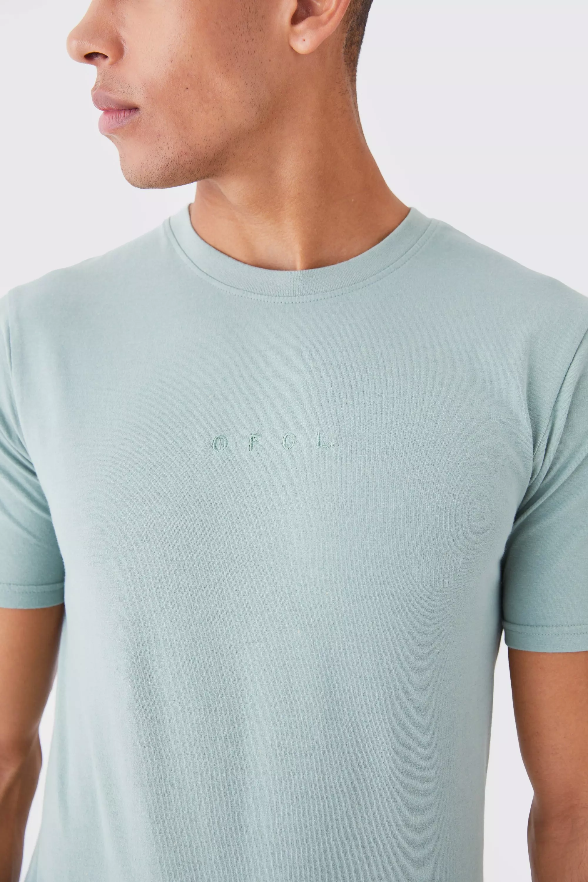 Sage Green Muscle Fit Ofcl Acid Wash Crew Neck T-shirt