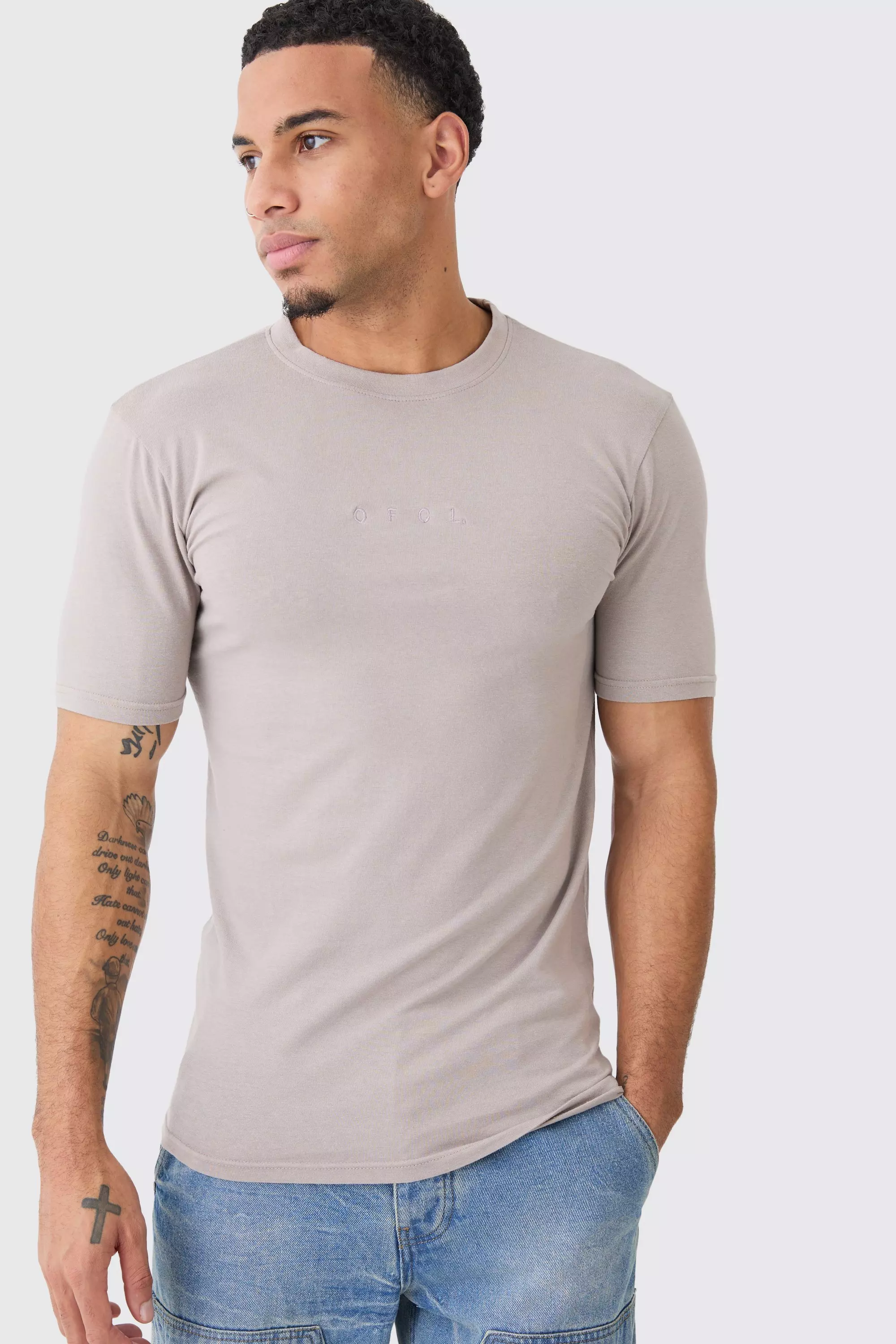 Taupe Beige Muscle Fit Ofcl Acid Wash Crew Neck T-shirt