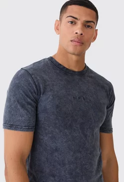 Charcoal Grey Muscle Fit Ofcl Acid Wash Crew Neck T-shirt